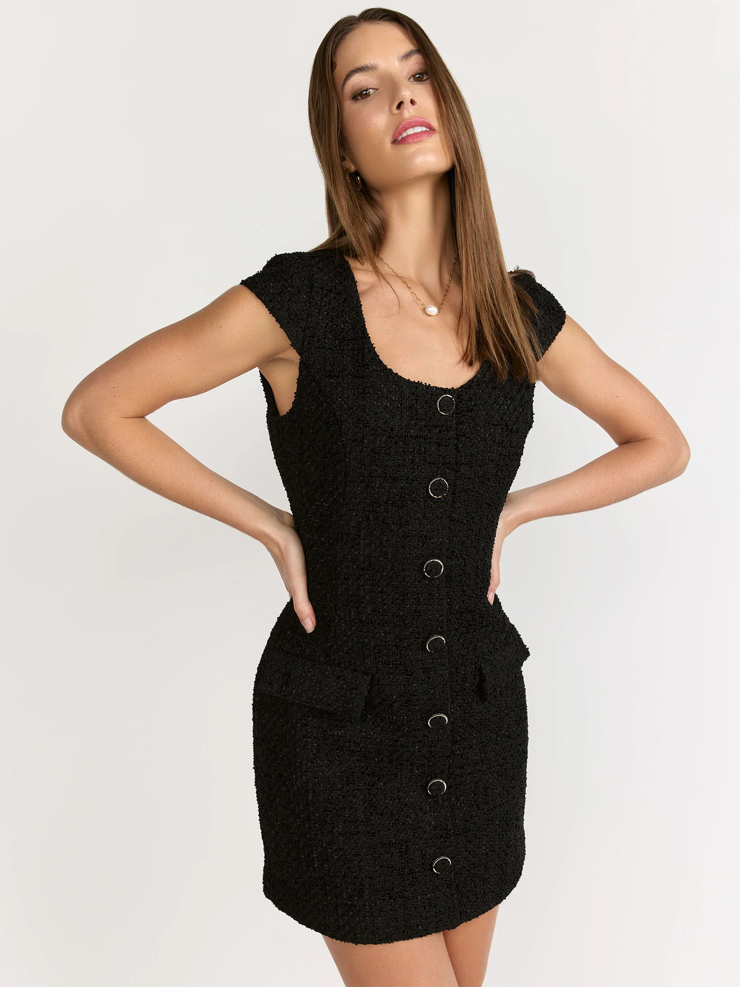 Endless Rose Cap Sleeve Scoop Neck Tweed Sheath Mini Dress - Brands We Love