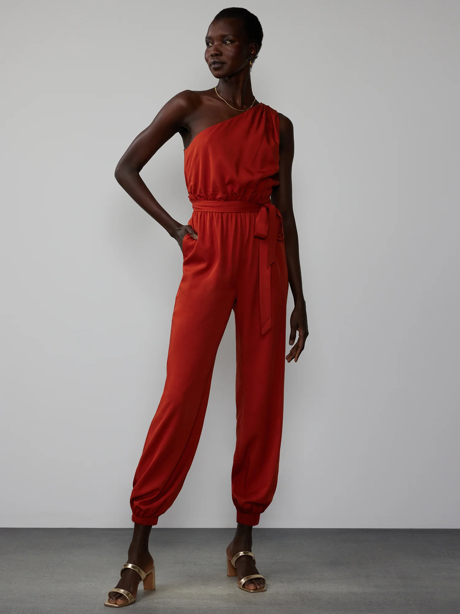 One Shoulder Paperbag Waist Jumpsuit