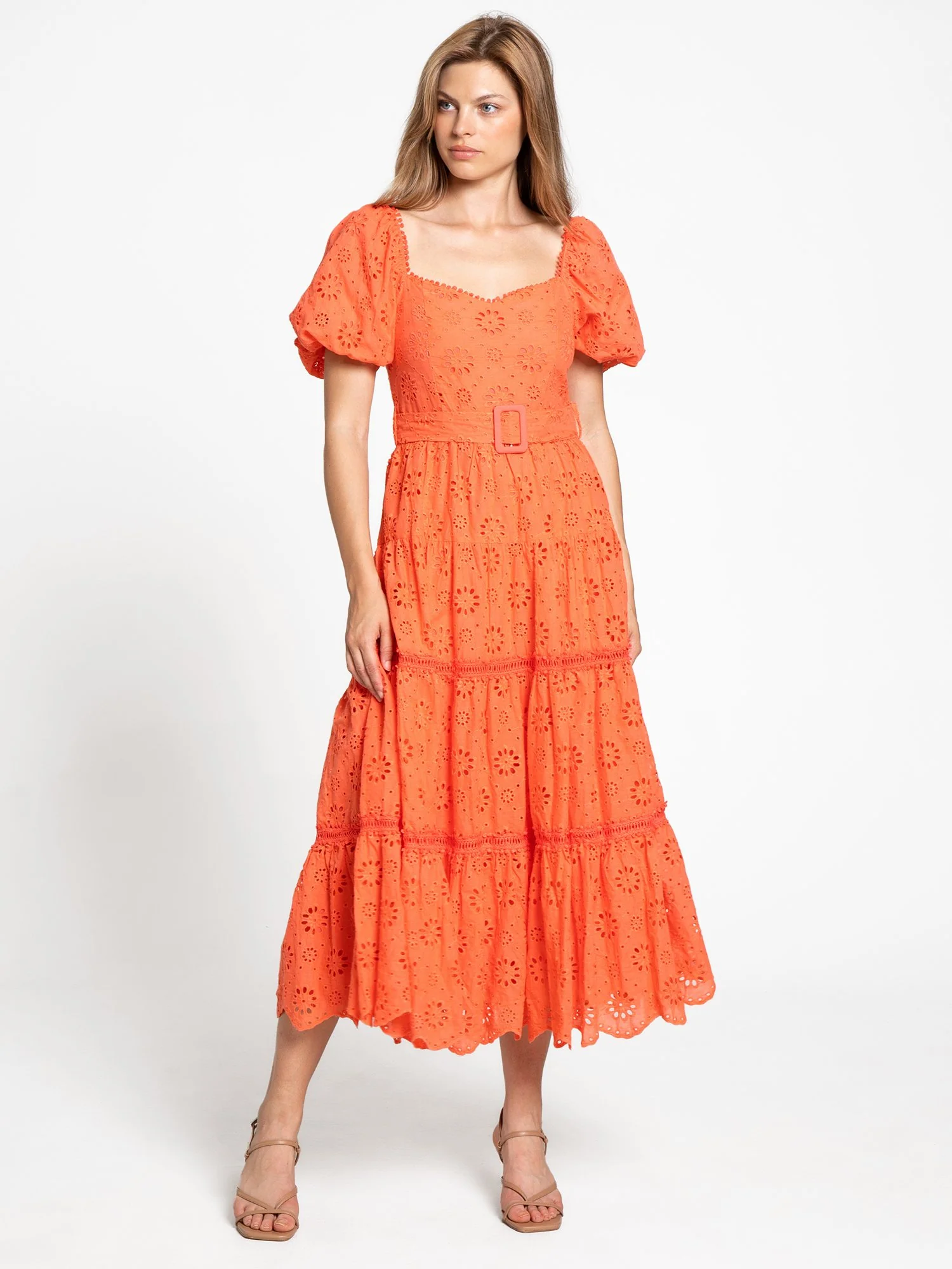 Just Me Short Sleeve Belted Eyelet Midi Dress - Brands We Love