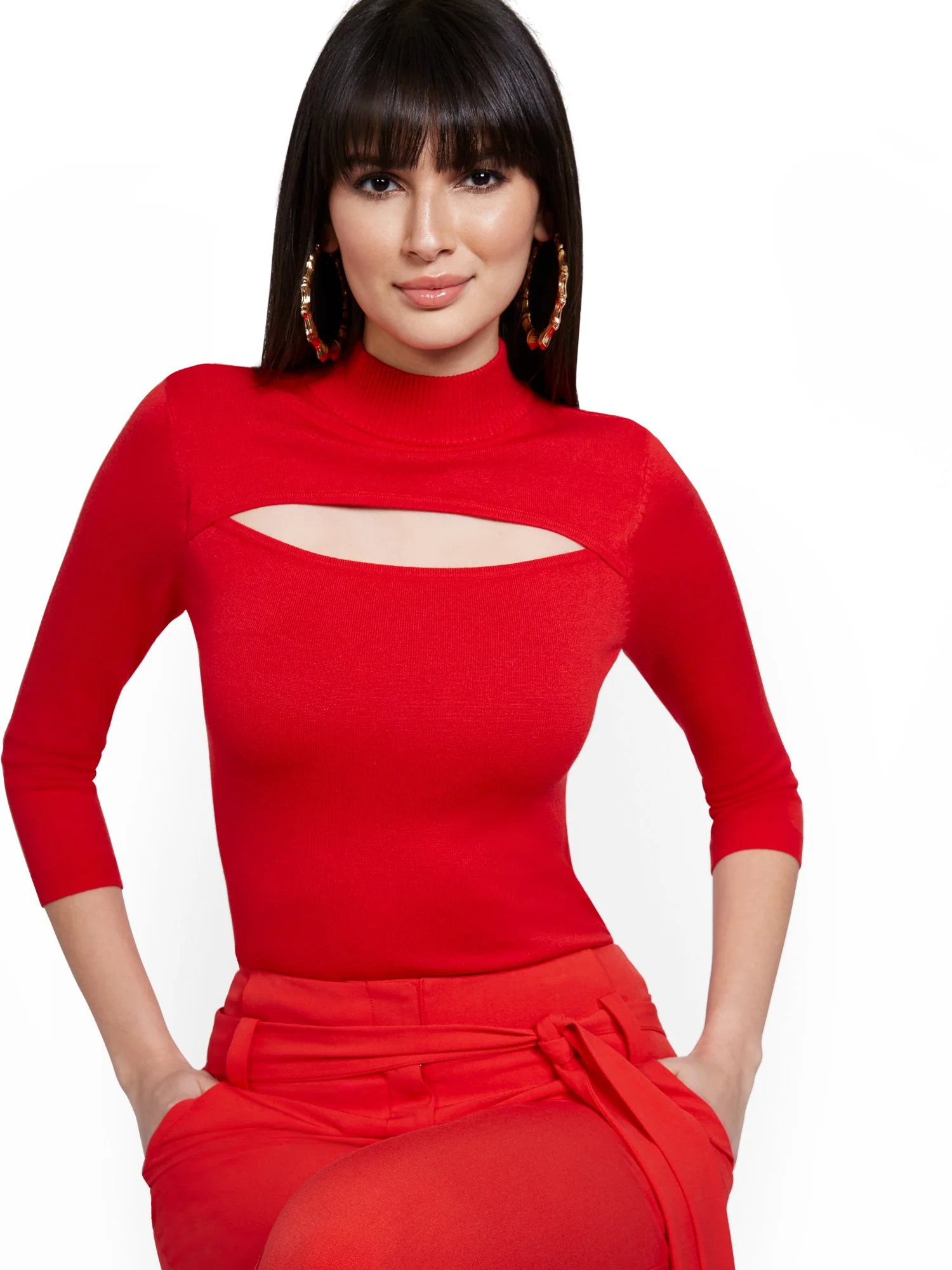 3/4-Sleeve Mock-Neck Cut-Out Sweater - Image 6