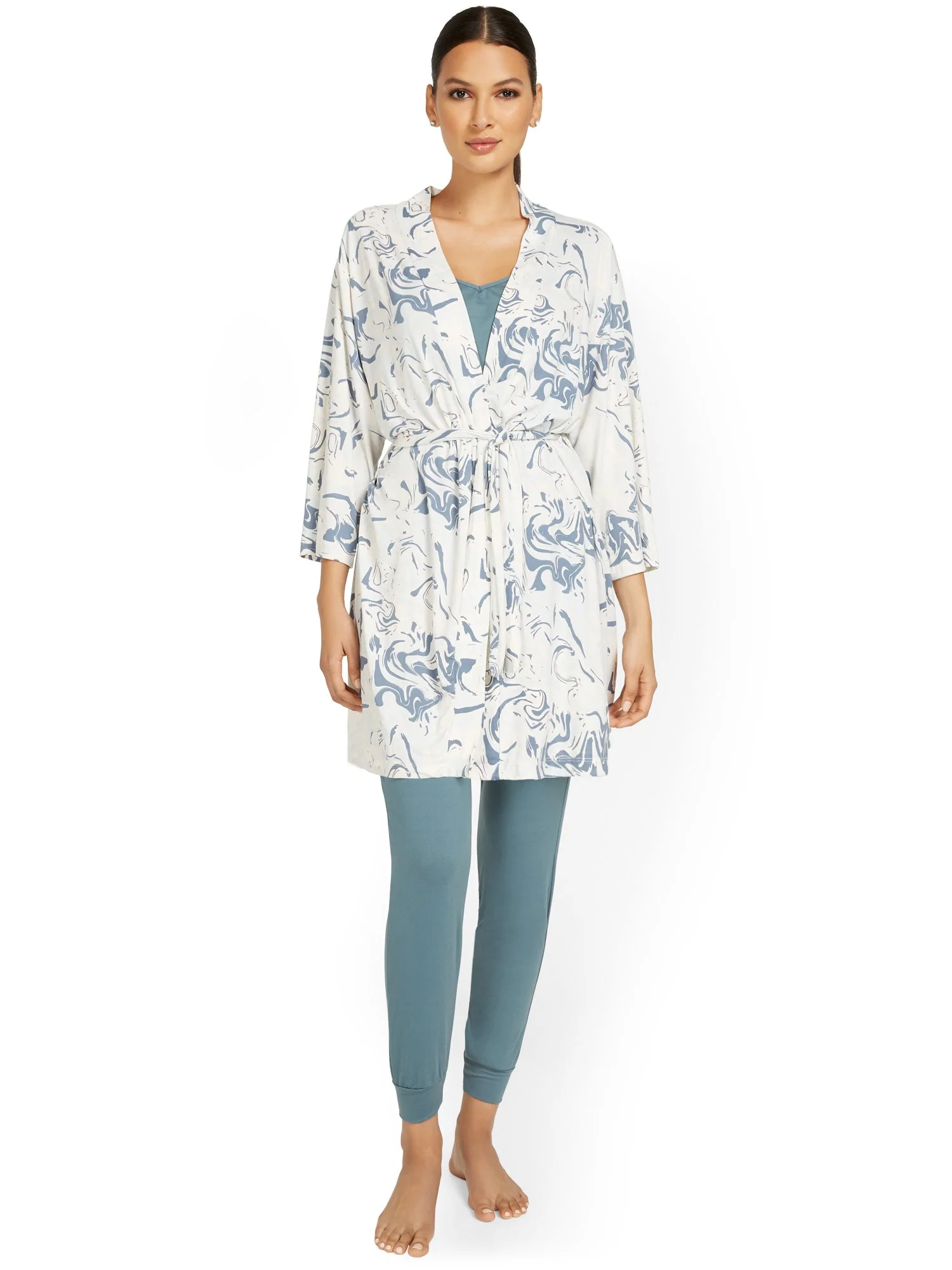 3-Piece Marble-Print Robe & Pajama Set
