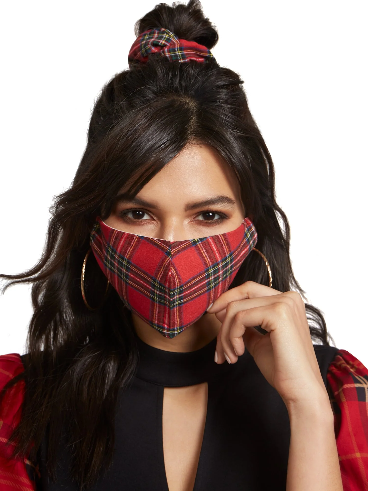 3-Piece Red Plaid Face Mask, Scrunchie & Hairband Set - Image 2