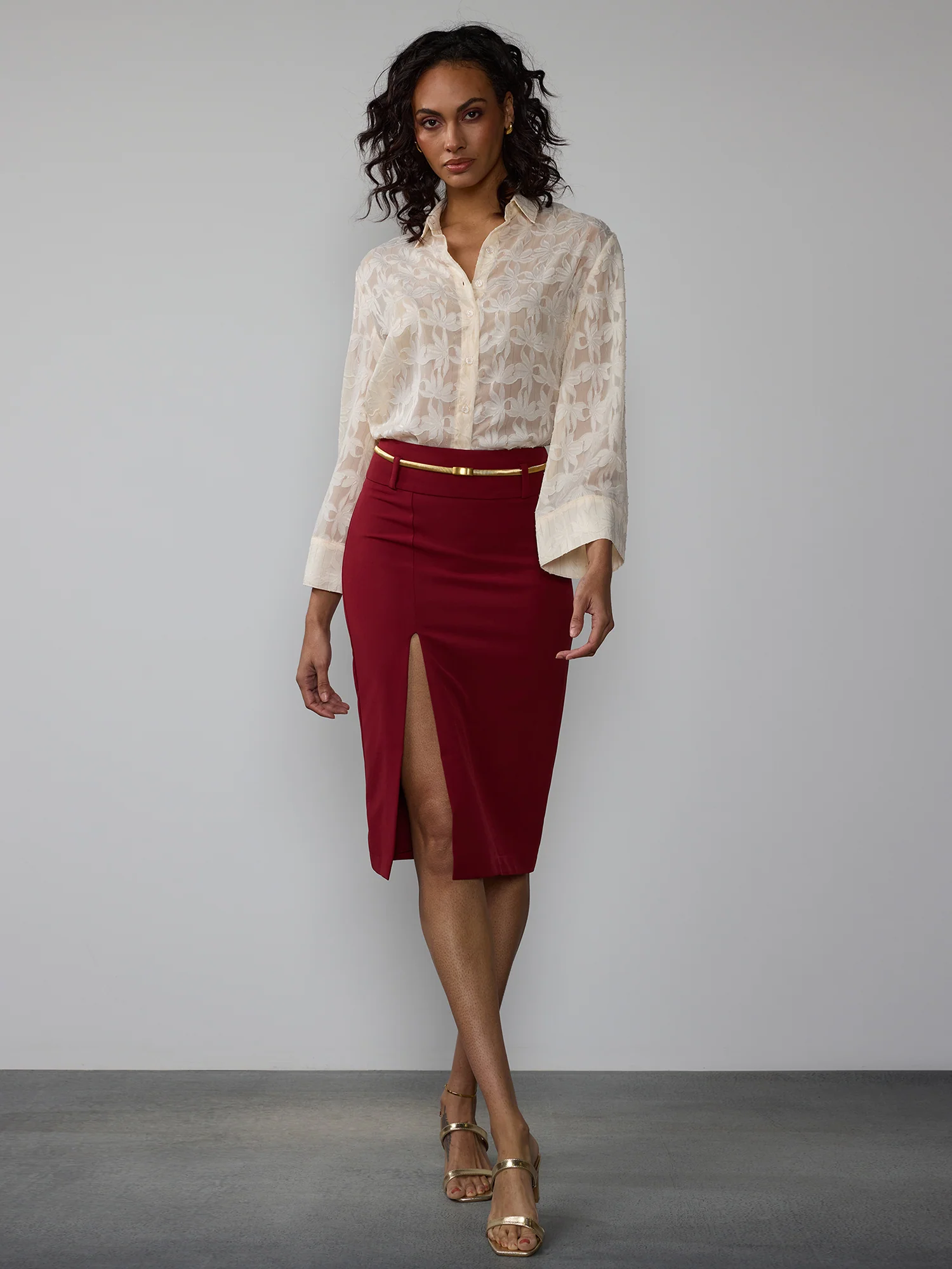 Belted Side Slit Pencil Skirt