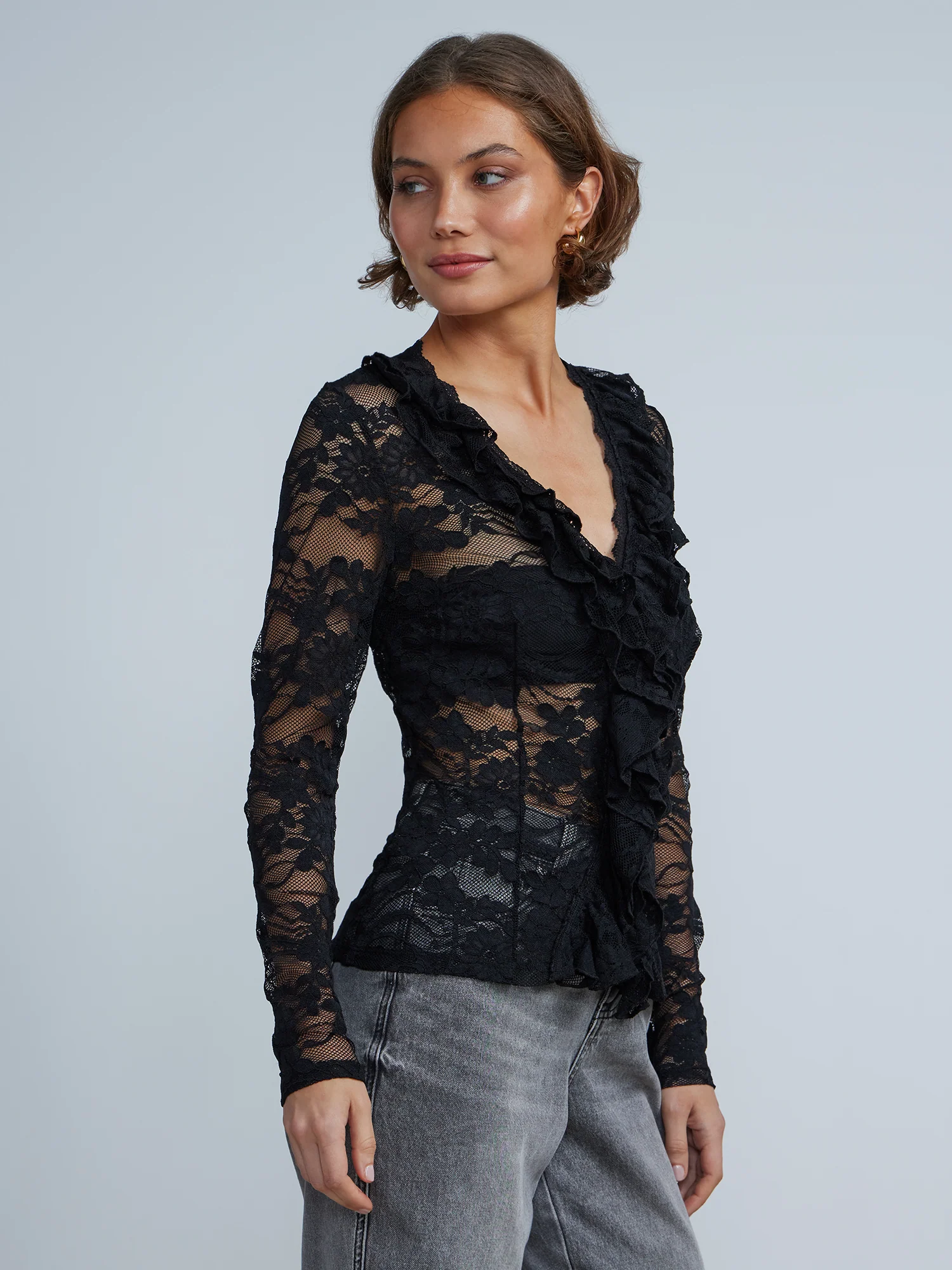 Floral Embroidered Ruffled Front Mesh Lace Top - Image 2