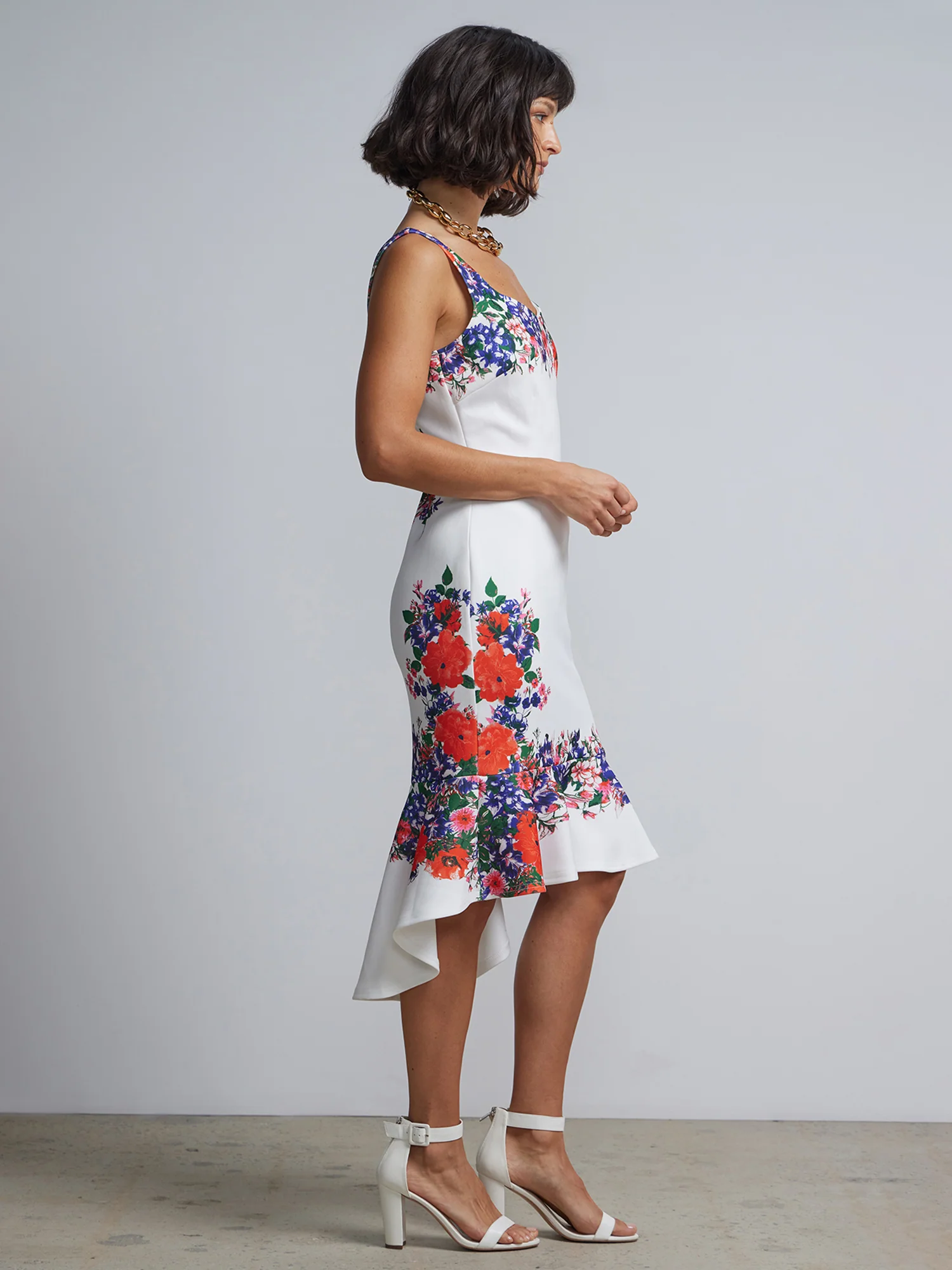 Sleeveless Floral Printed Frill Asymmetric Sheath Dress - Image 2