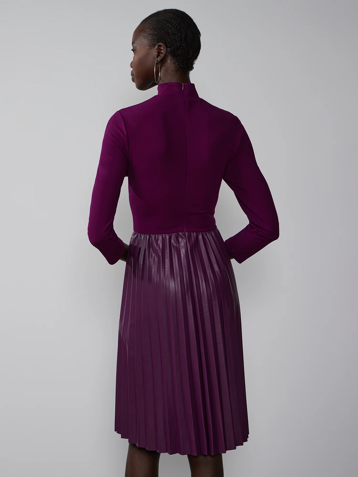 Long Sleeve Mock Neck PU Dress - Image 3