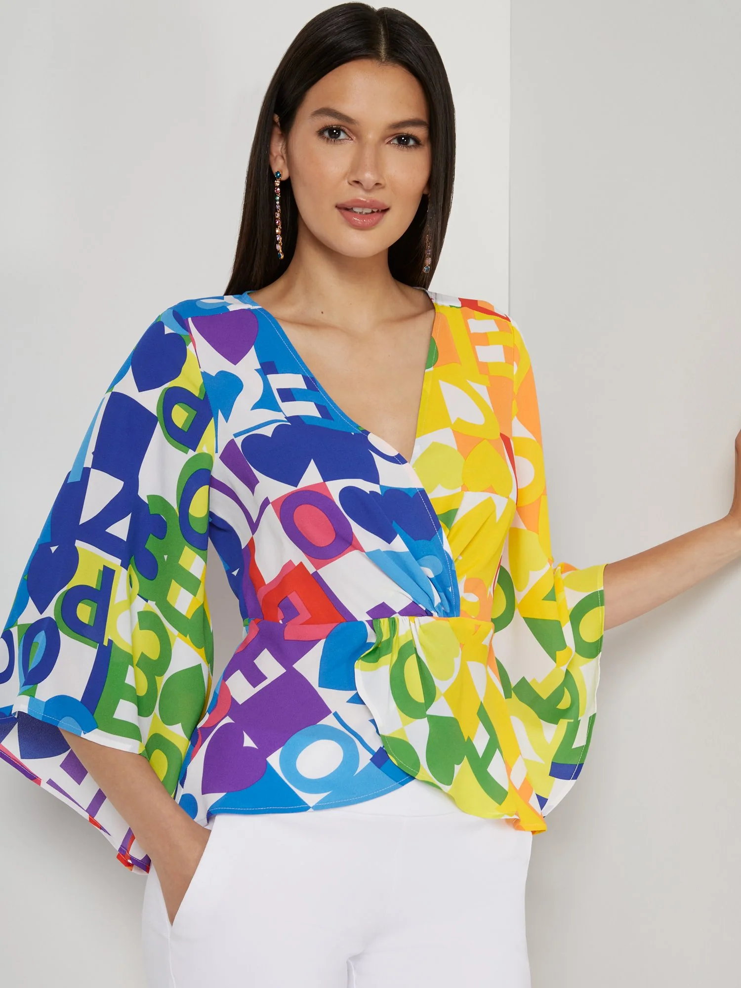 Abstract Love-Print Drama-Sleeve Twist-Front Top