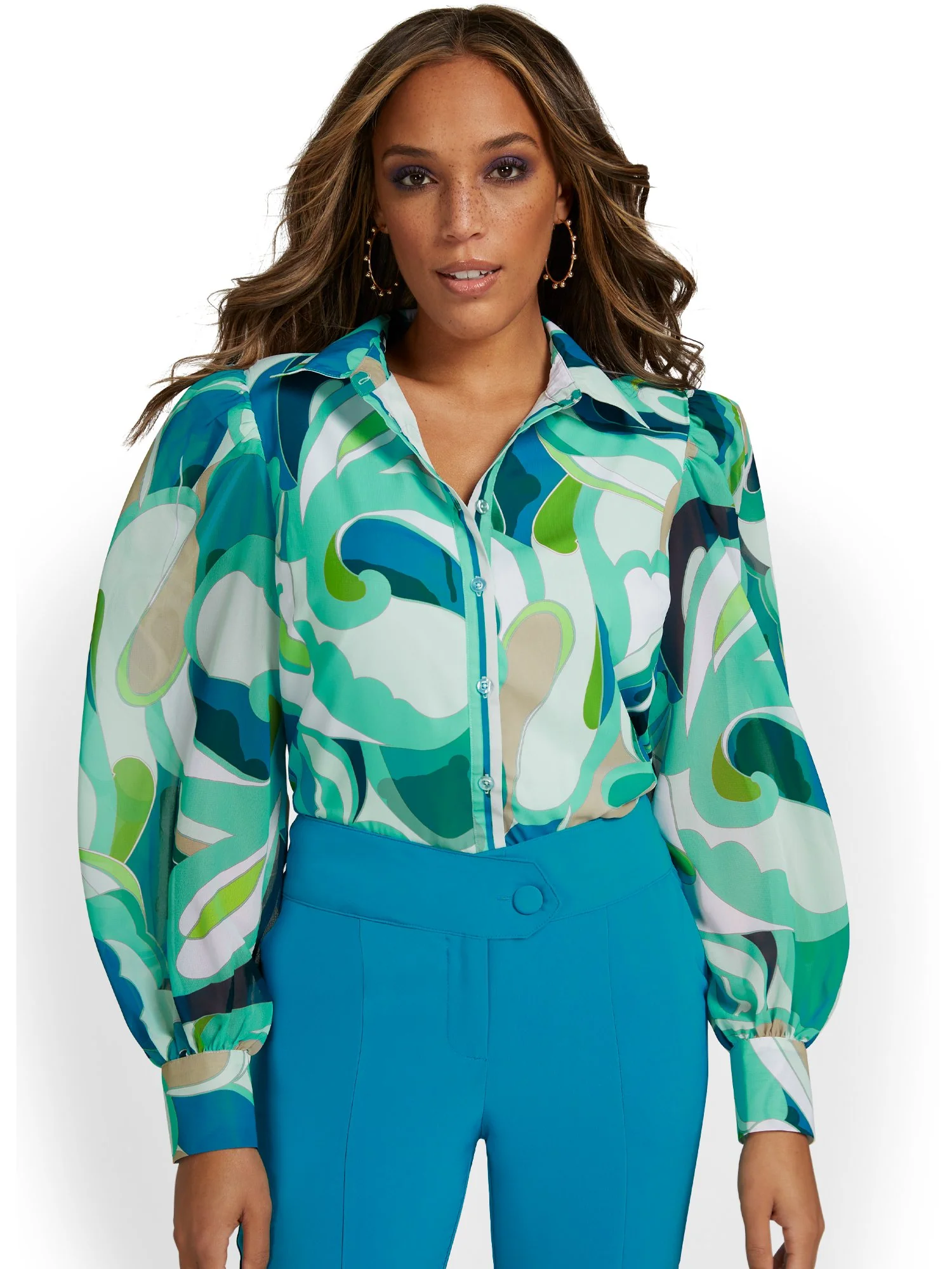 Abstract-Print Chiffon Button-Front Blouse - Image 4