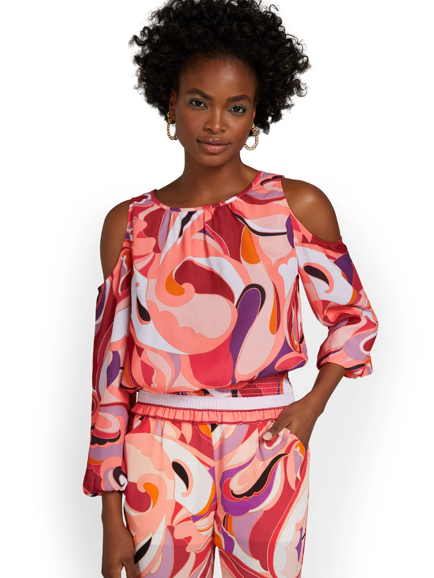 Abstract-Print Cold-Shoulder Top - Image 2