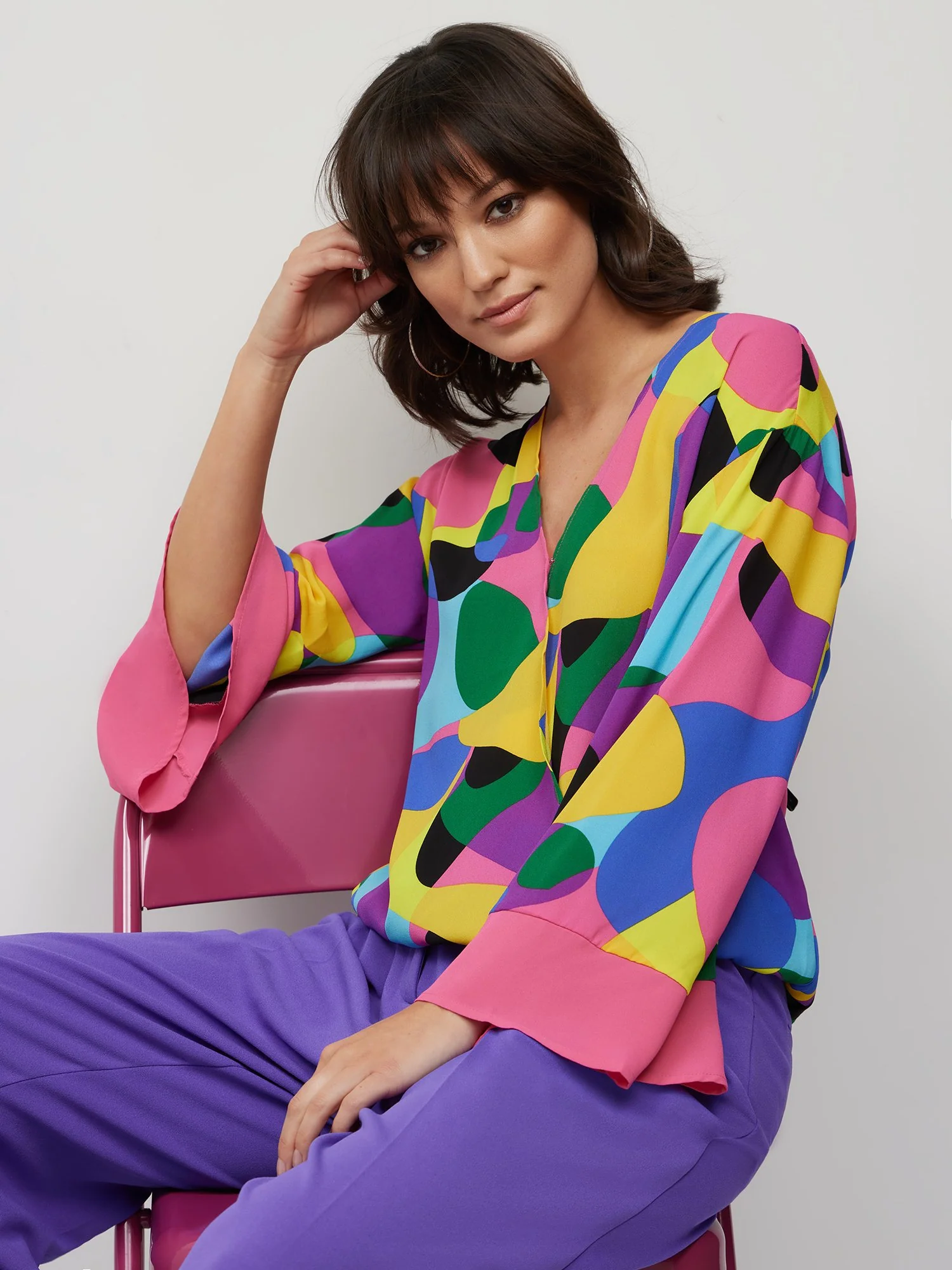Abstract-Print Kimono-Sleeve Blouse