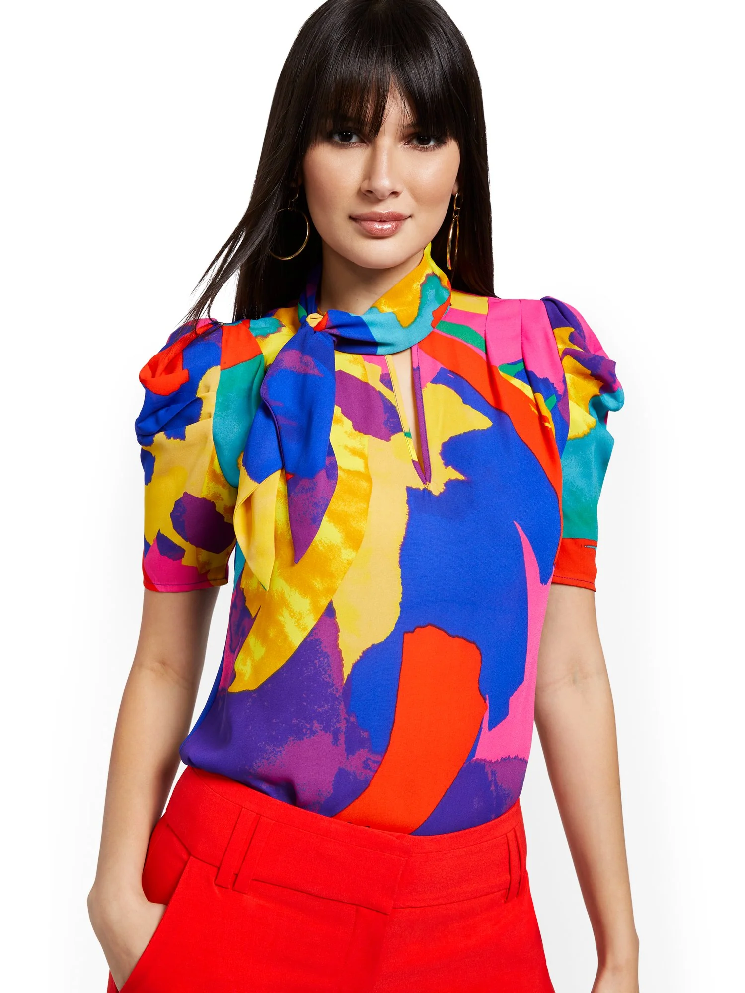 Abstract Puff-Sleeve Tie-Neck Blouse