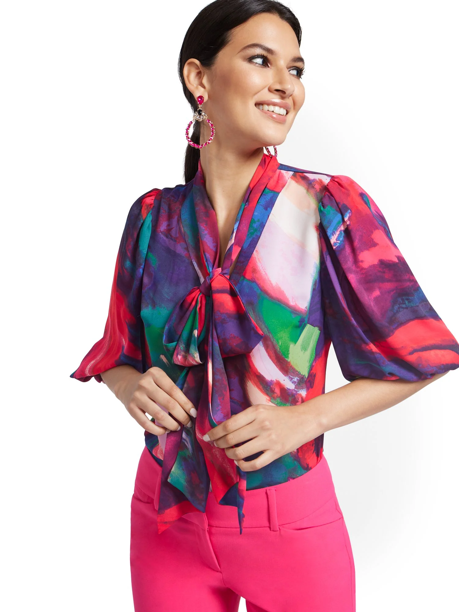 Abstract Watercolor Print Essential V-Neck Bow Blouse - Image 2