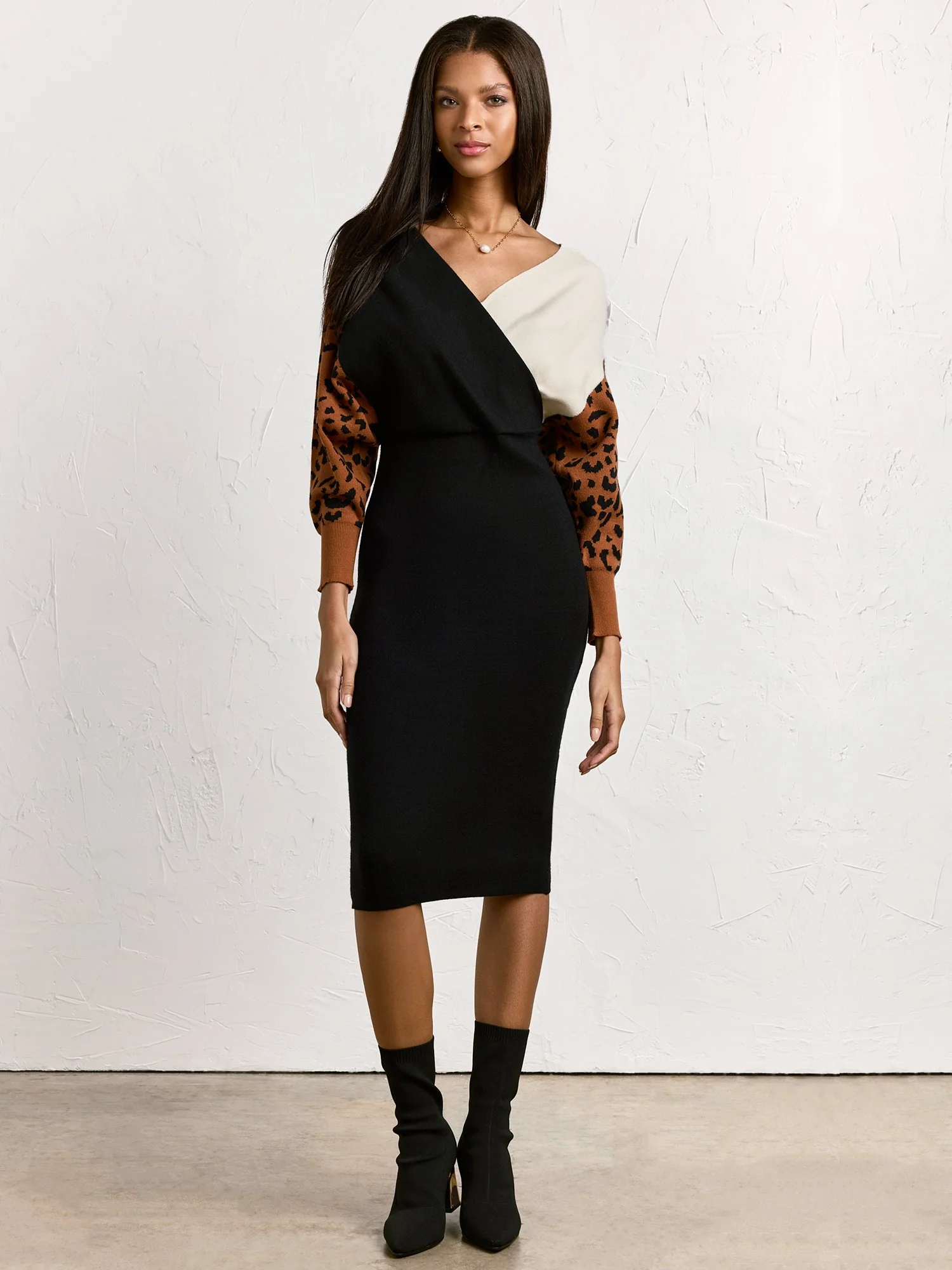 Animal Print Colorblock Wrap Sweater Dress - Dee Elly - Image 2