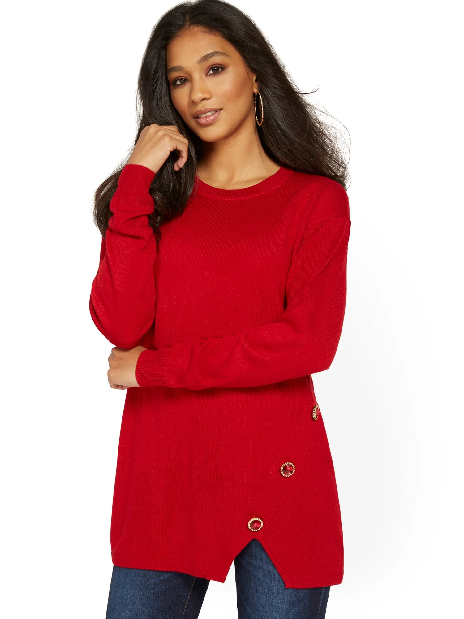 Asymmetric Jewel-Embellished Tunic Sweater - Image 7