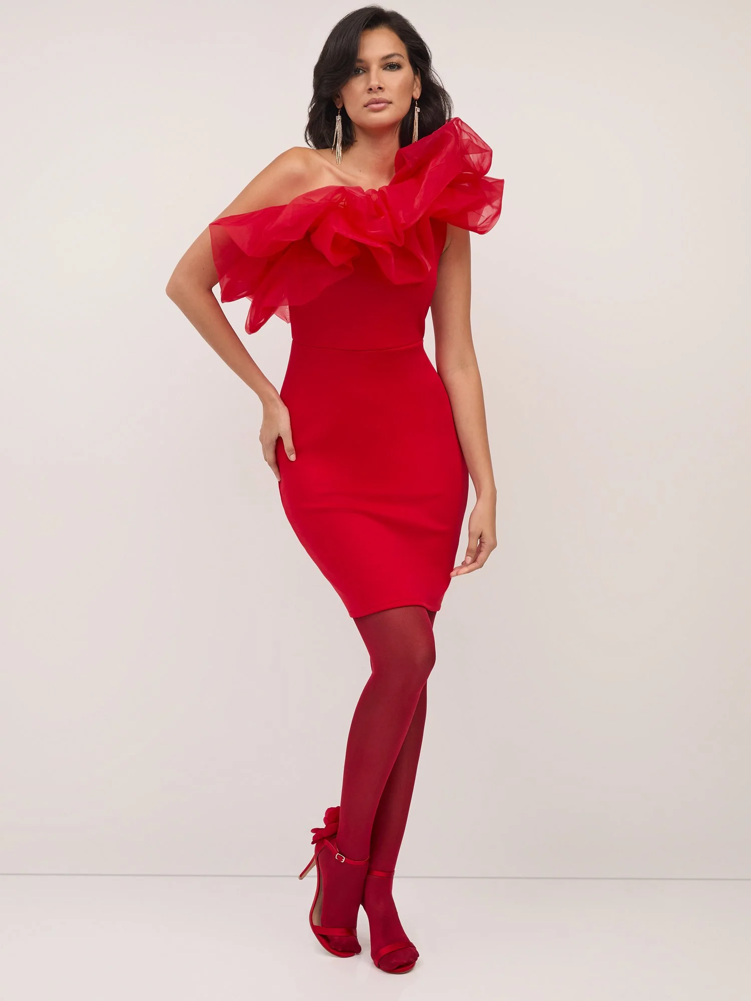 Asymmetric Tulle-Accent Sheath Dress - Image 2
