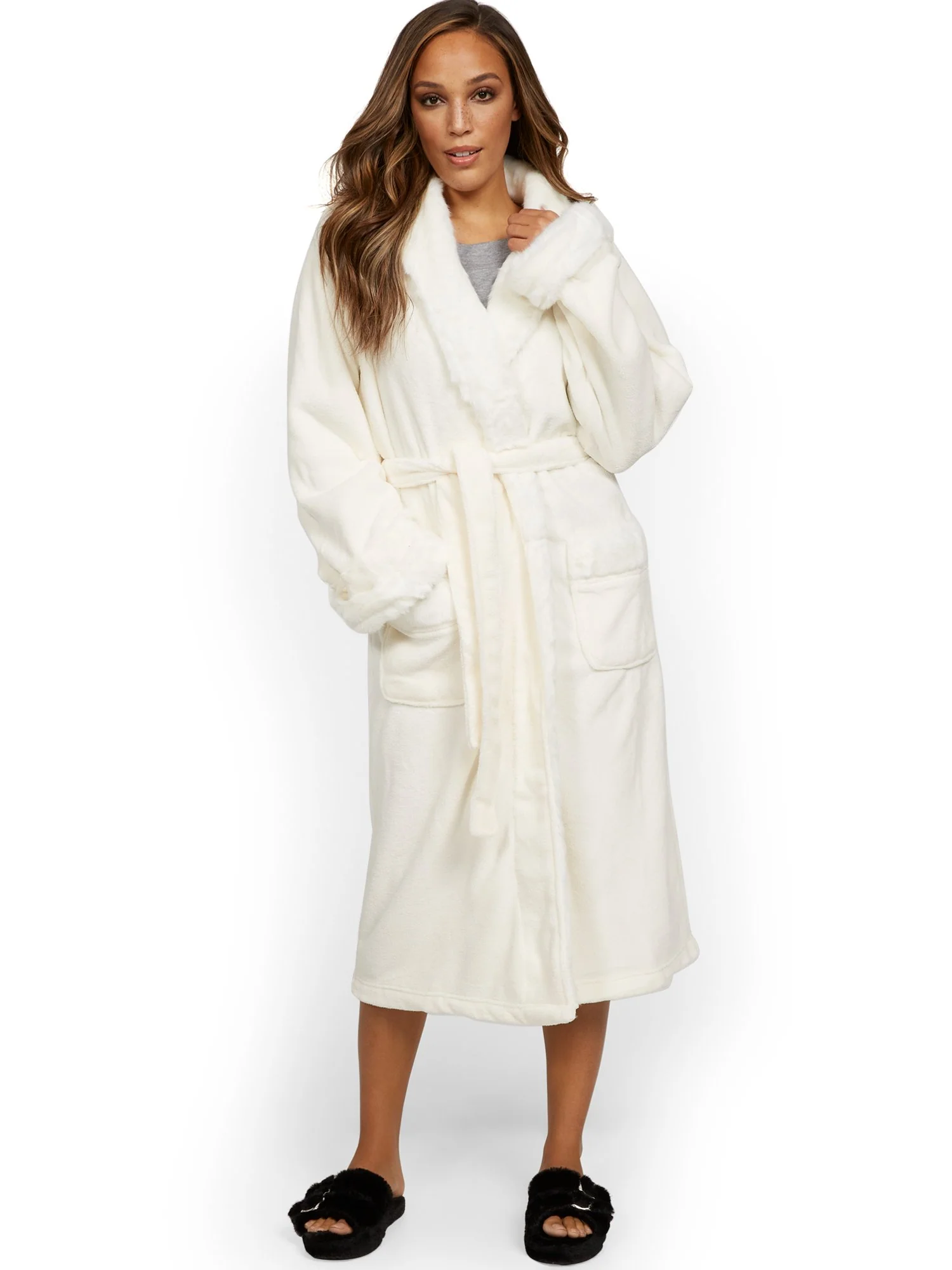 Belgian Faux-Fur Sherpa Trim Fleece Robe - NY&C x Chic Home
