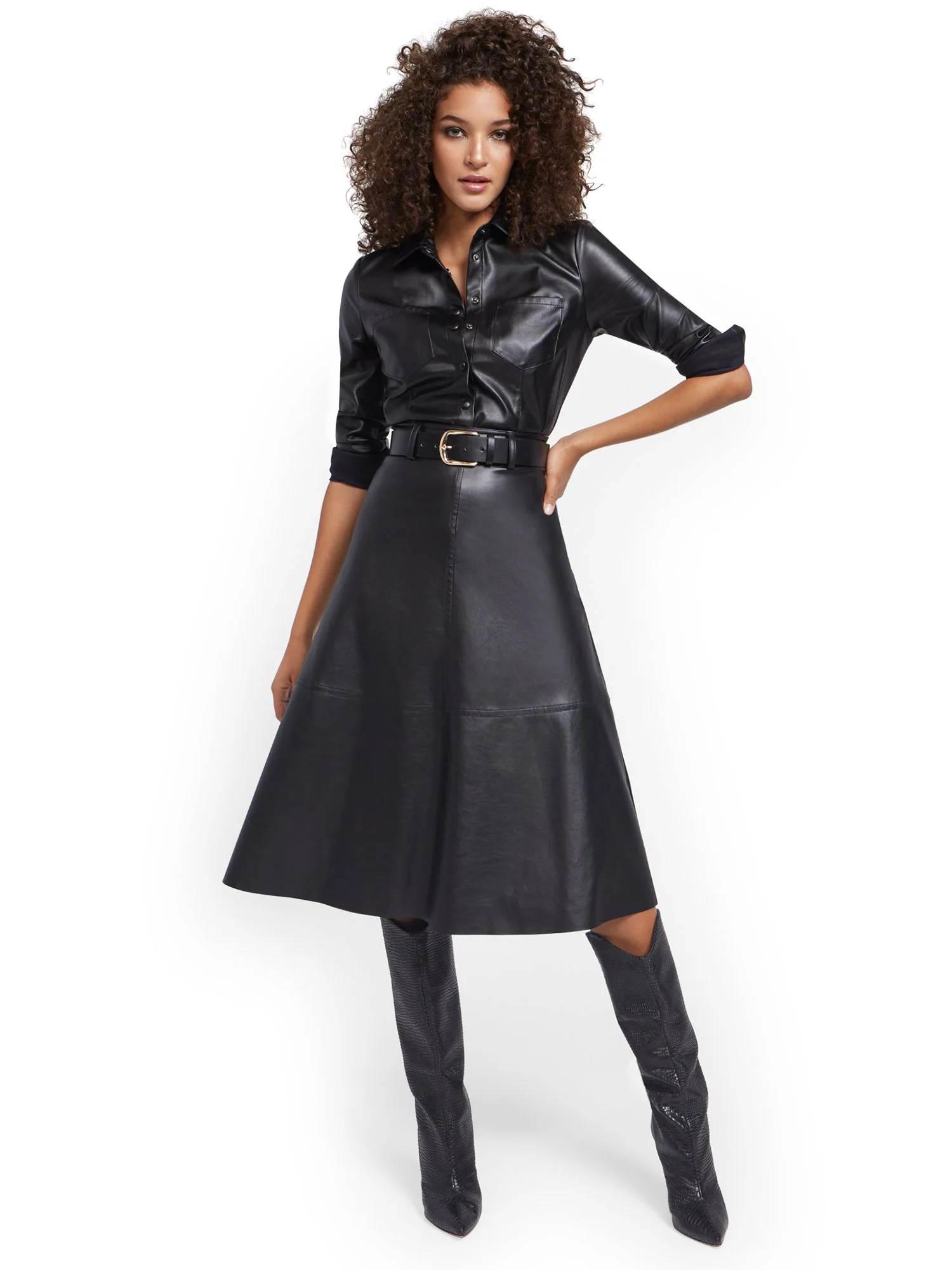 Belted Faux-Leather A-Line Skirt - Image 3