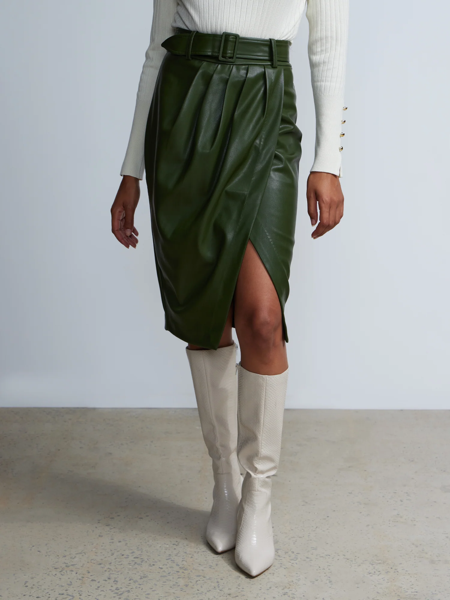 Faux Leather Pleated Wrap Pencil Skirt - Image 4