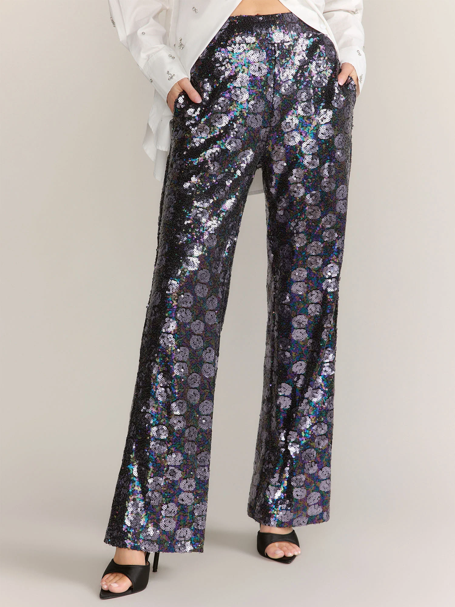 Black Iridescent Sequin Wide-Leg Pant - Lena
