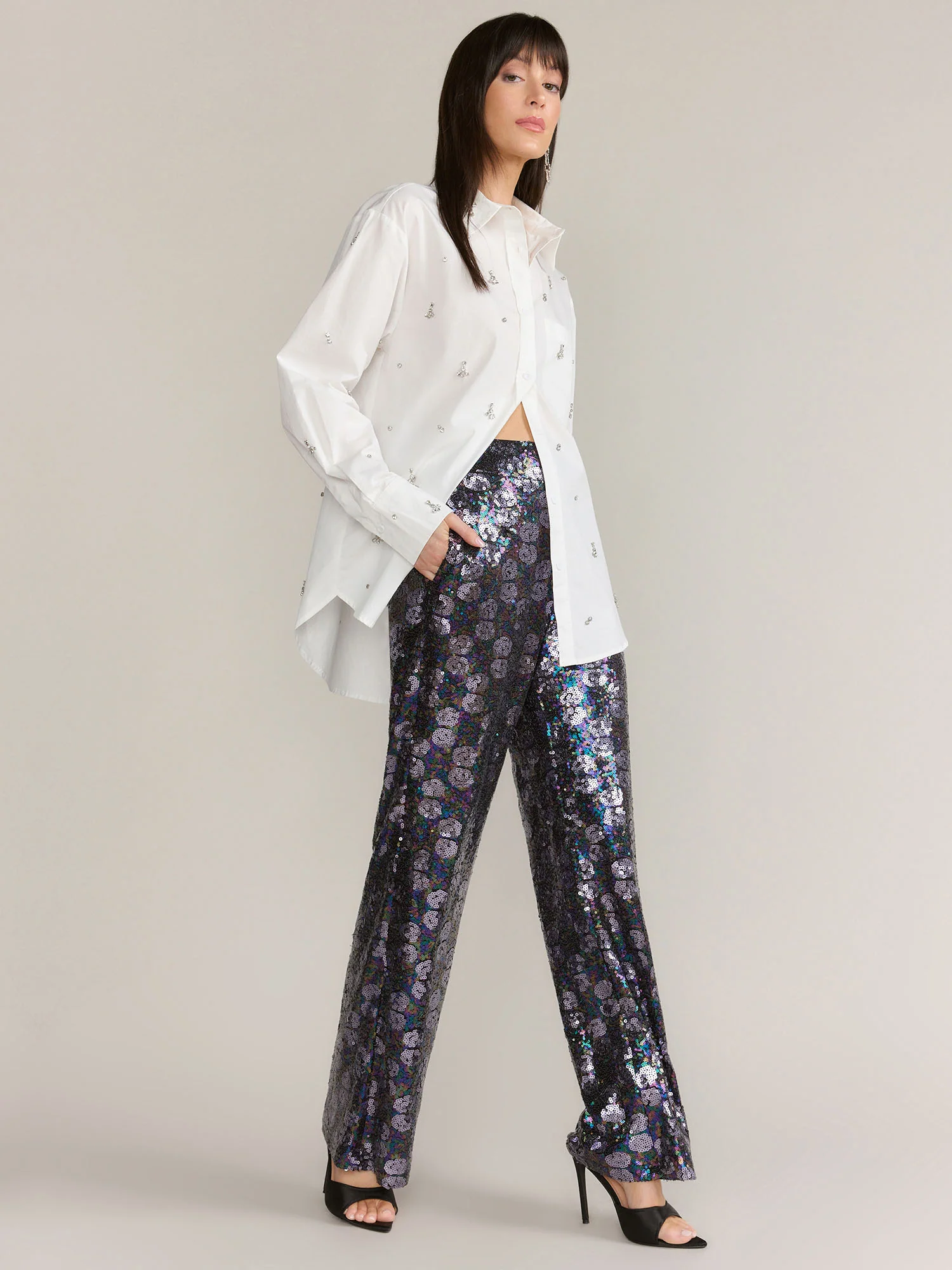 Black Iridescent Sequin Wide-Leg Pant - Lena - Image 3
