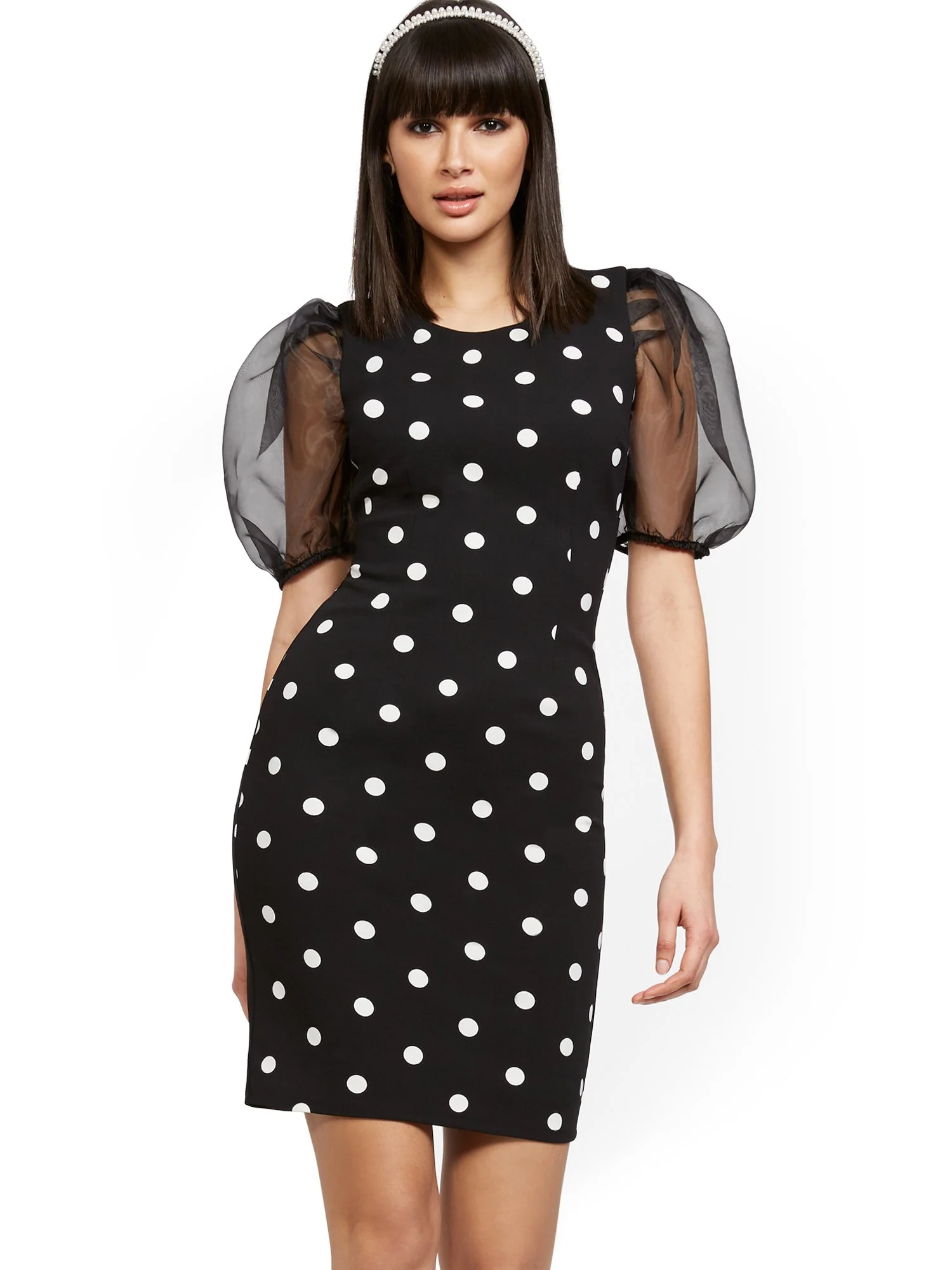 Black Organza-Sleeve Sheath Dress - Magic Crepe®