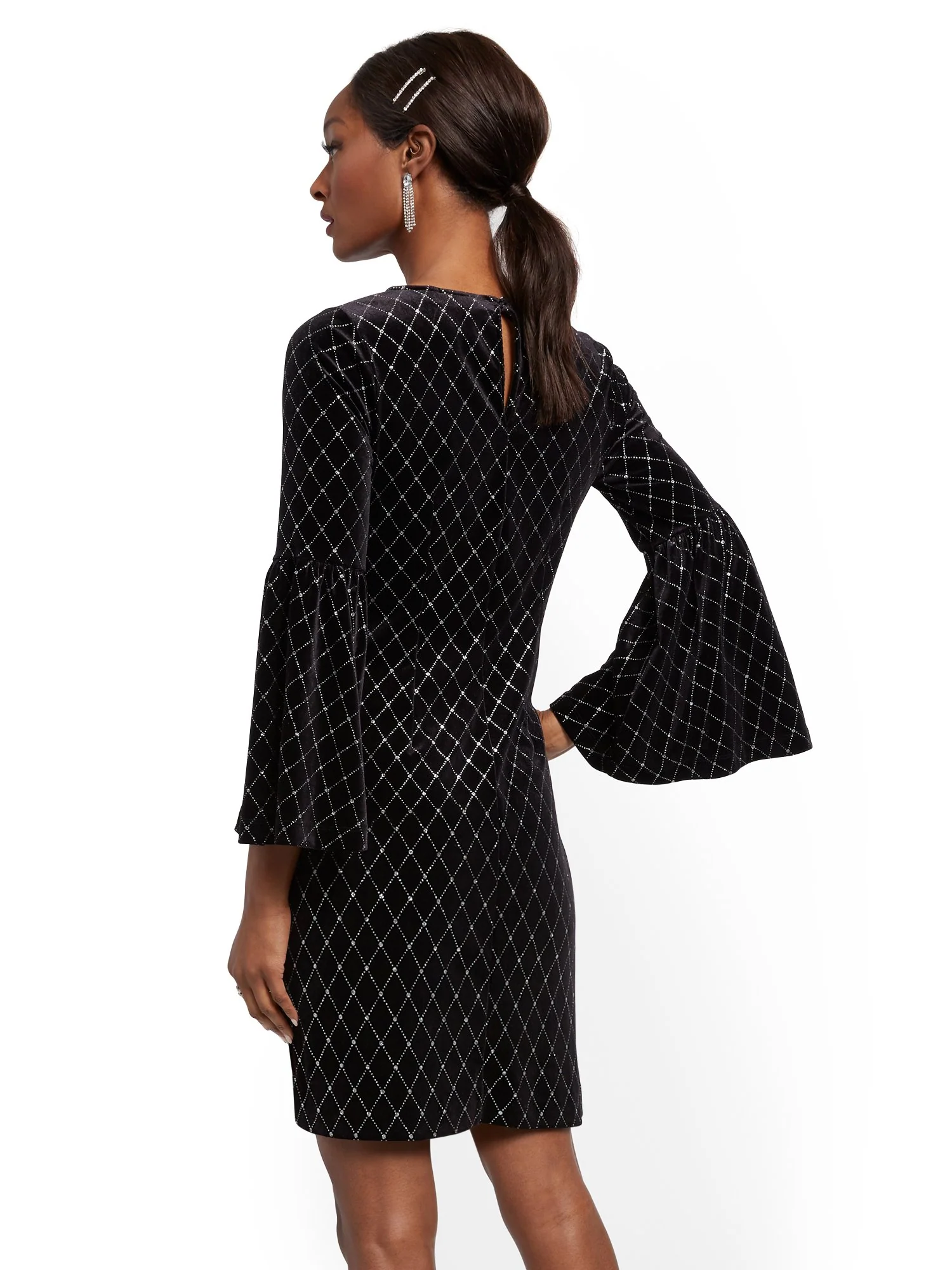 Black Velvet Bell Sleeve Shift Dress - Image 3