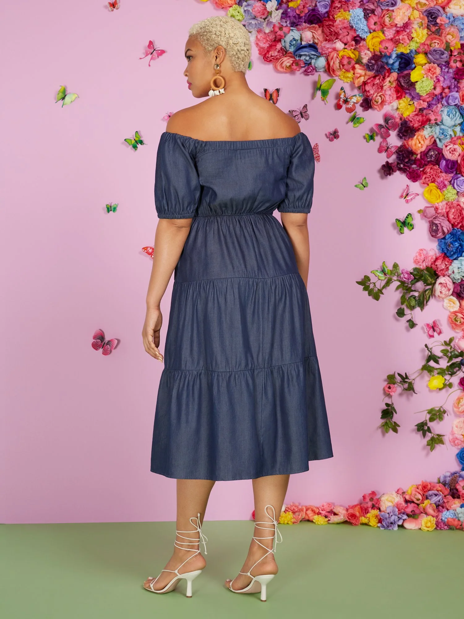 Blue Tiered Poplin Off-The-Shoulder Midi Dress - Image 3