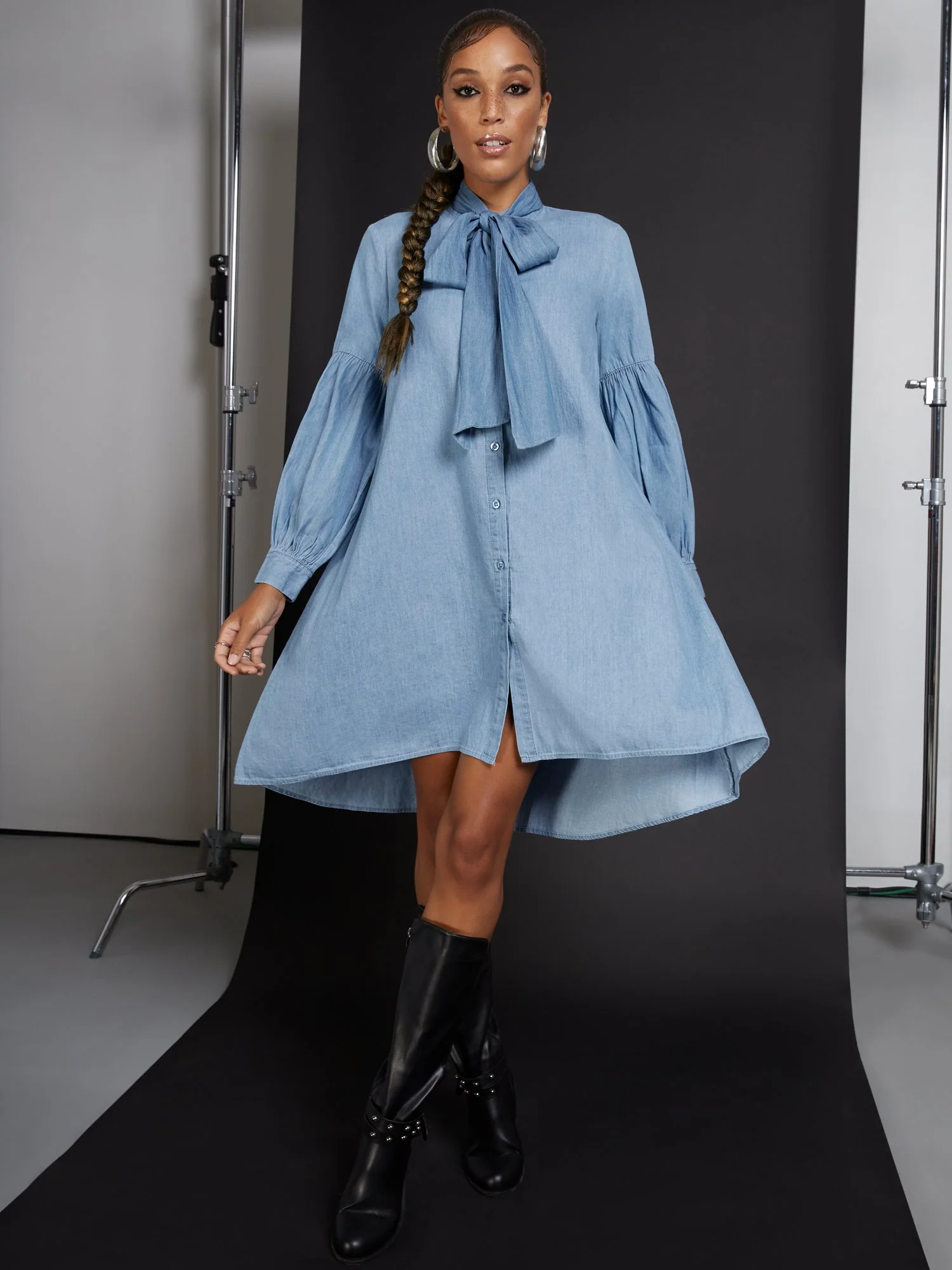Bow-Detail Poplin Denim Dress - Image 2