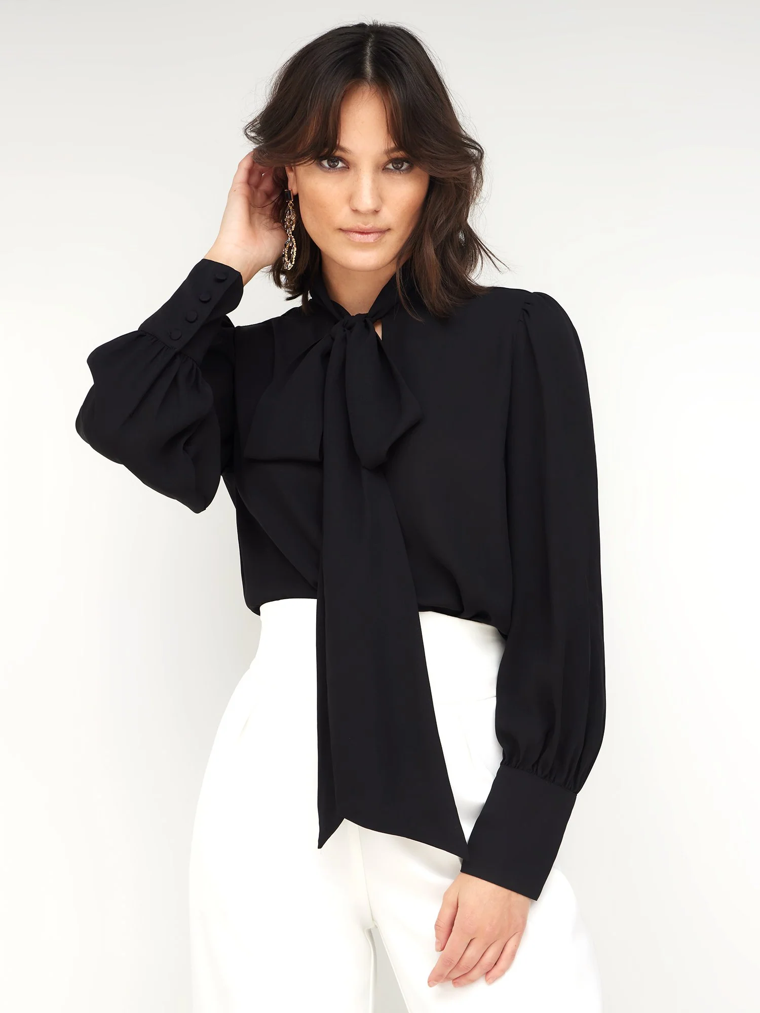Bow-Front Cuff-Sleeve Blouse