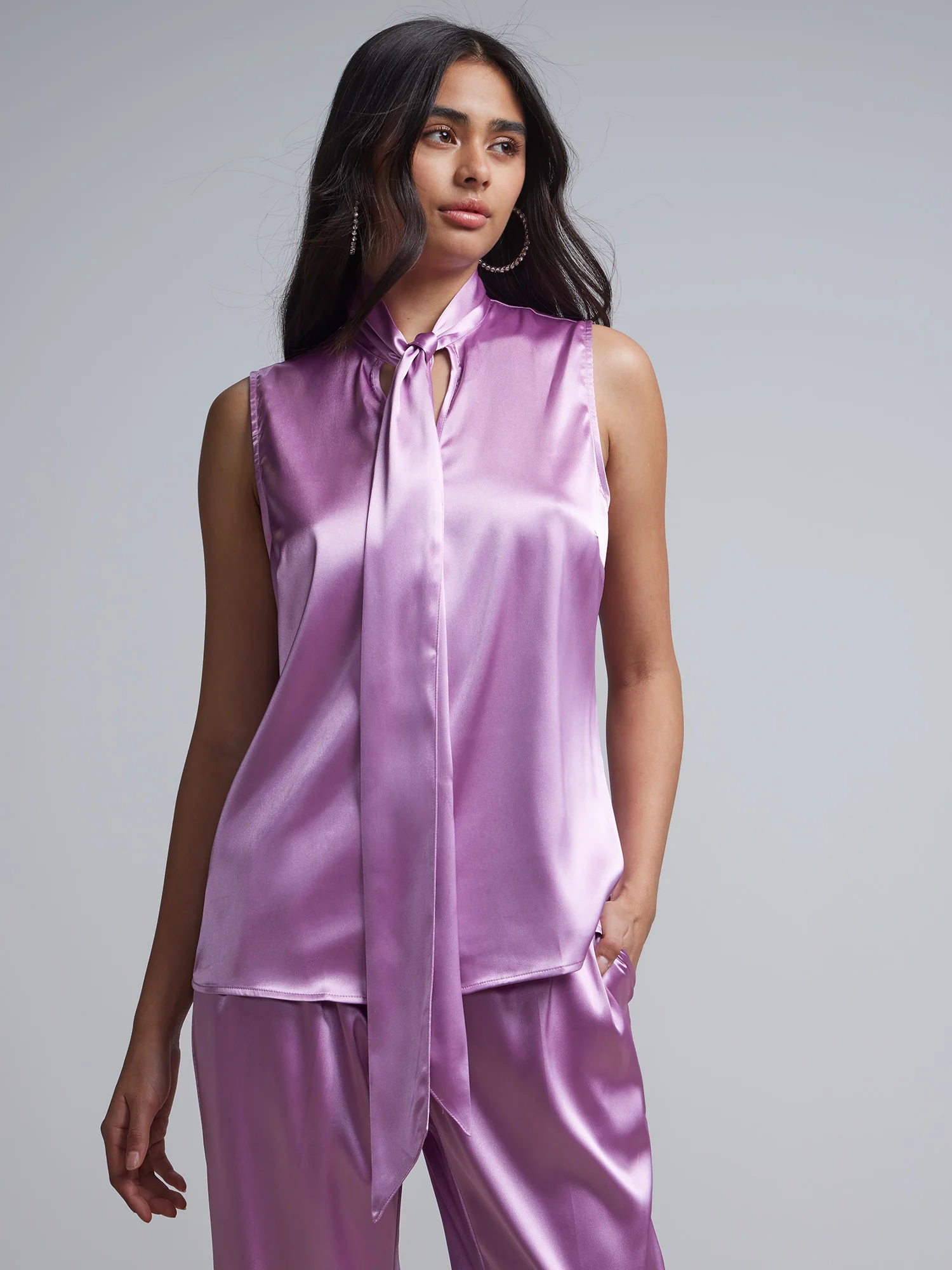 Bow-Neck Satin-Effect Blouse
