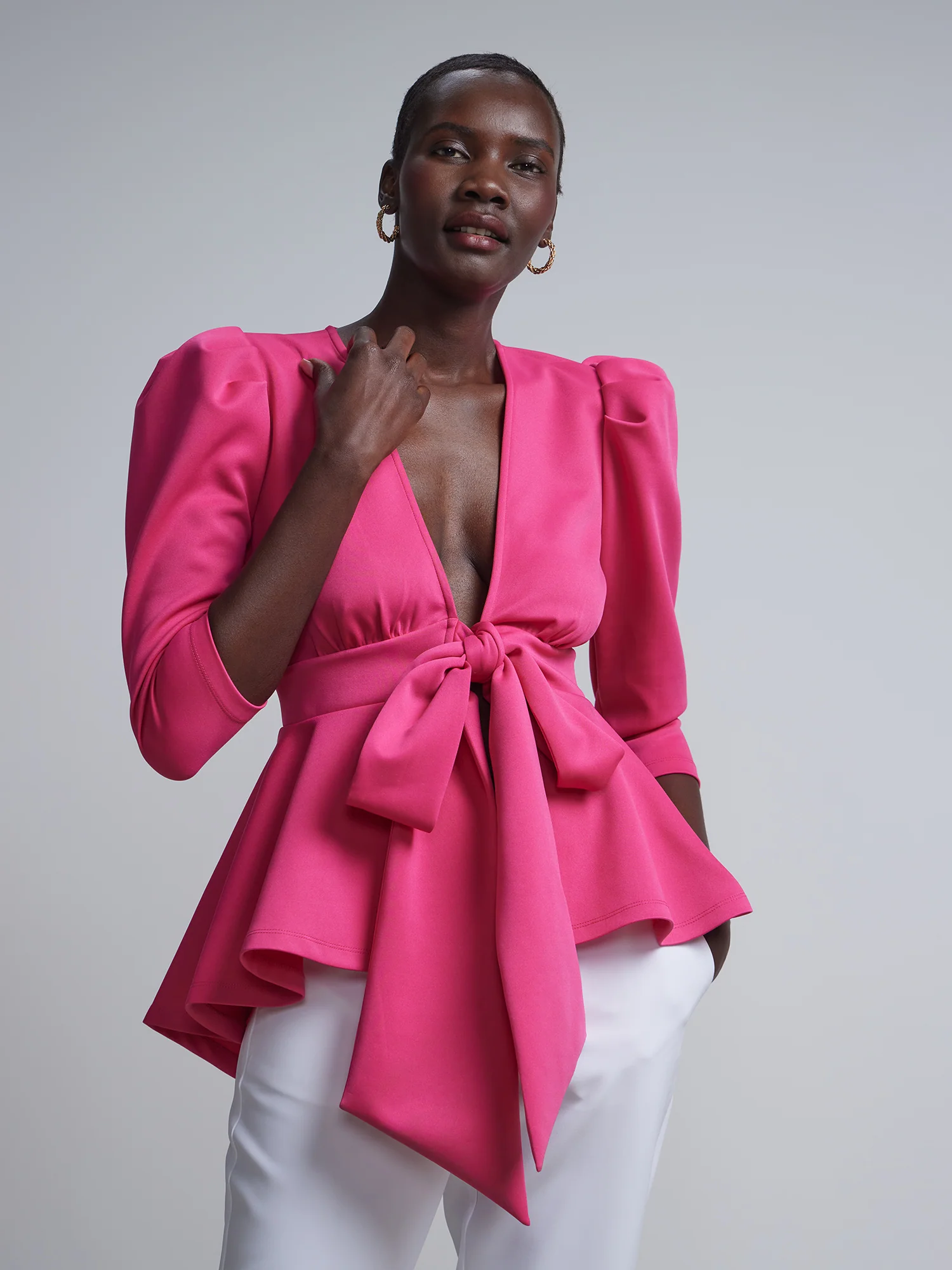 Bow-Waist Ruffle-Hem Top