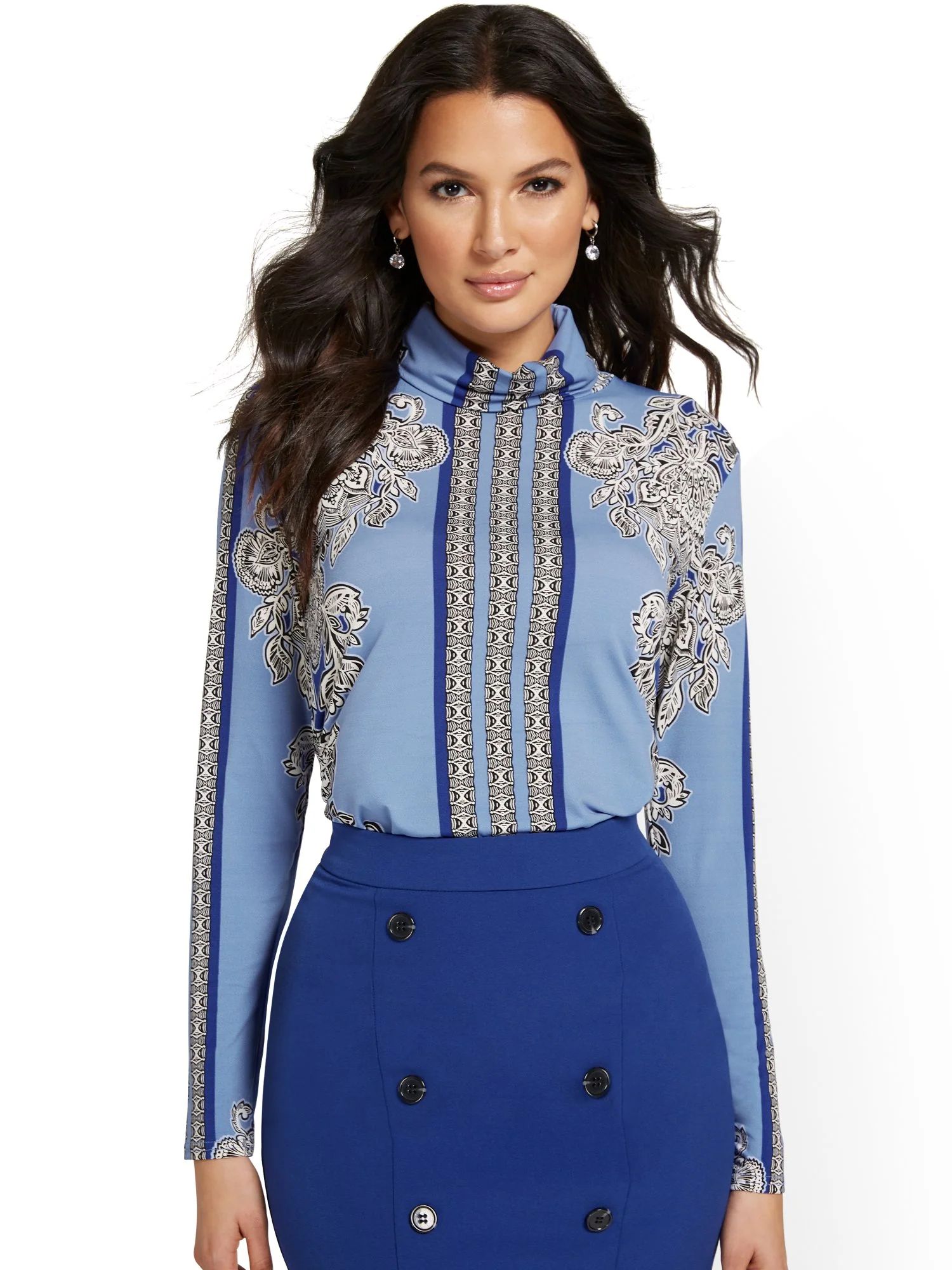Brocade-Print Turtleneck Knit Top