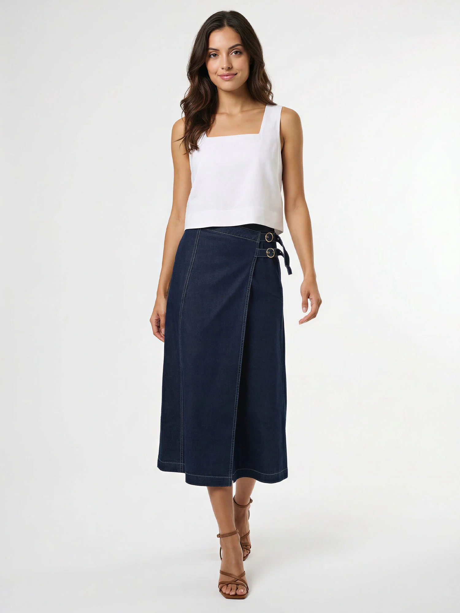 Buckle A Line Denim Midi Skirt - Image 7
