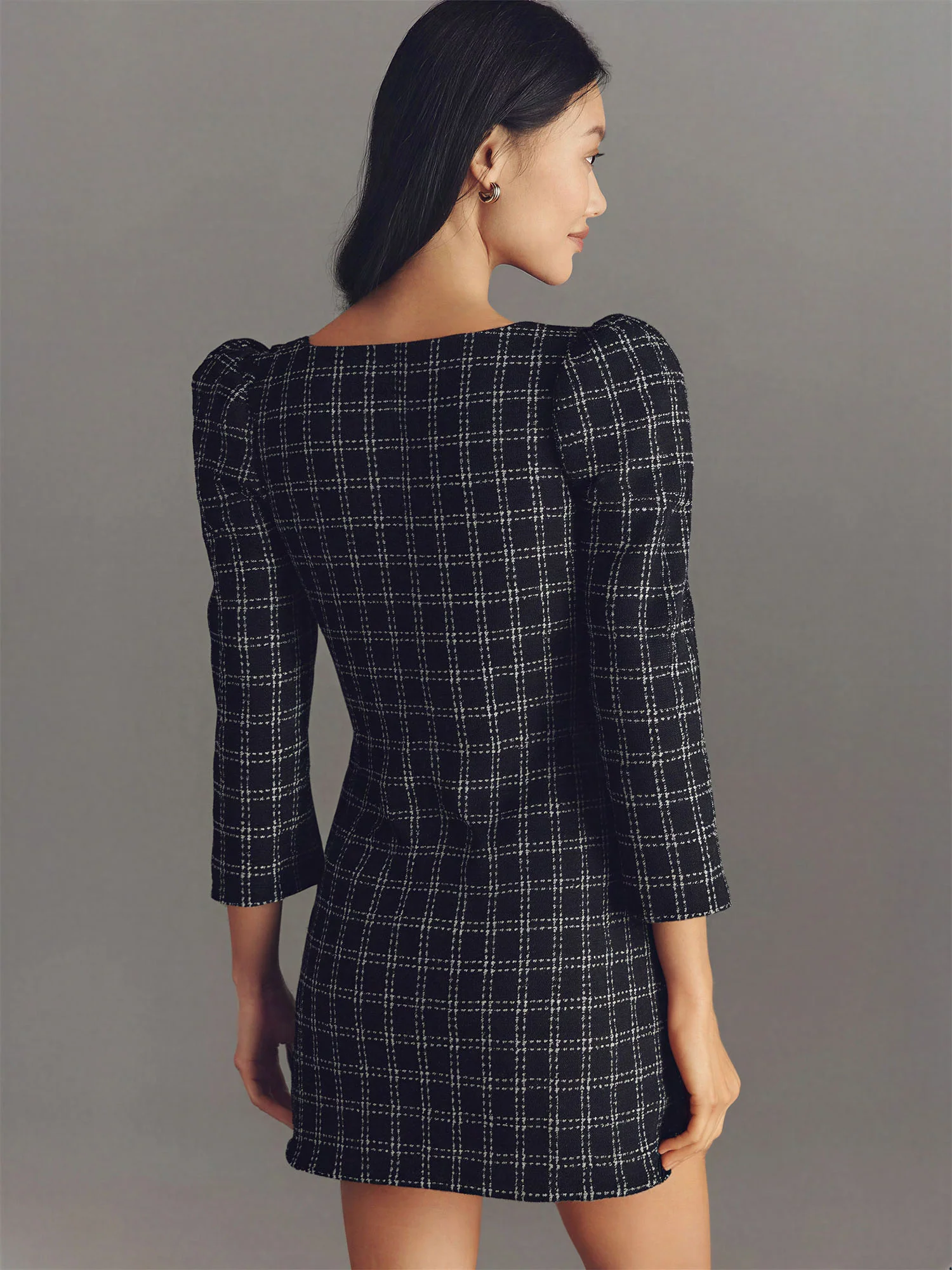 Boucle Square Neck Checkered Long Sleeve Mini Dress with Front Pockets - Image 4