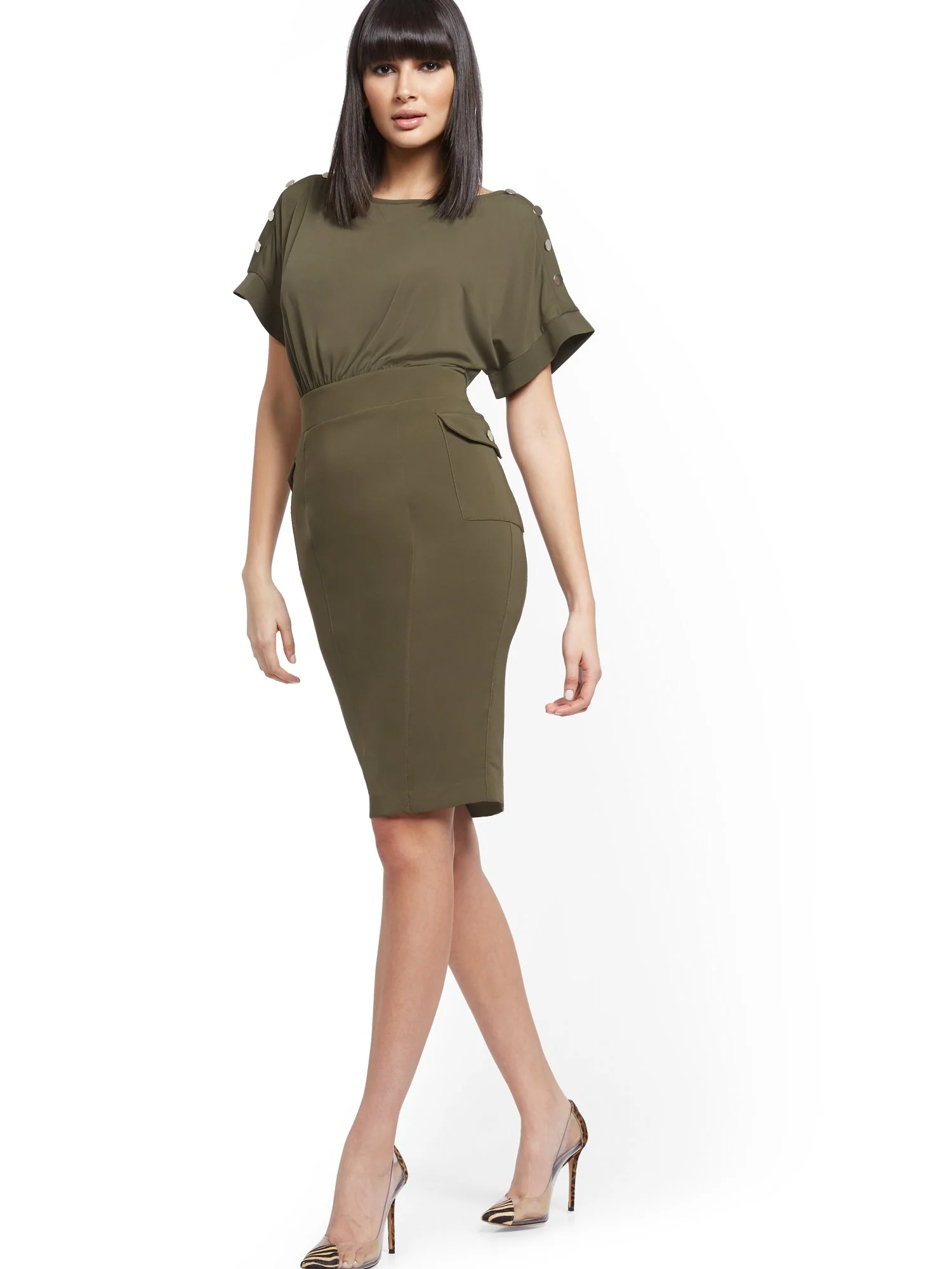 Button-Accent Cargo-Pocket Sheath Dress - Image 4