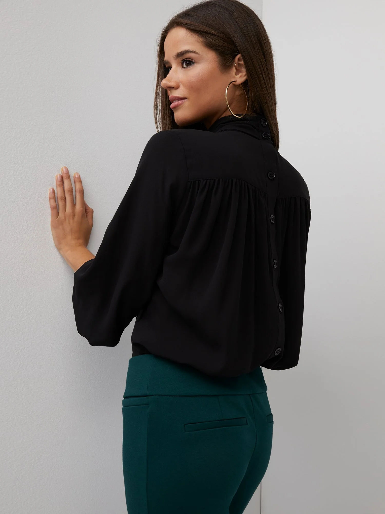 Button-Back Bow-Neck Blouse