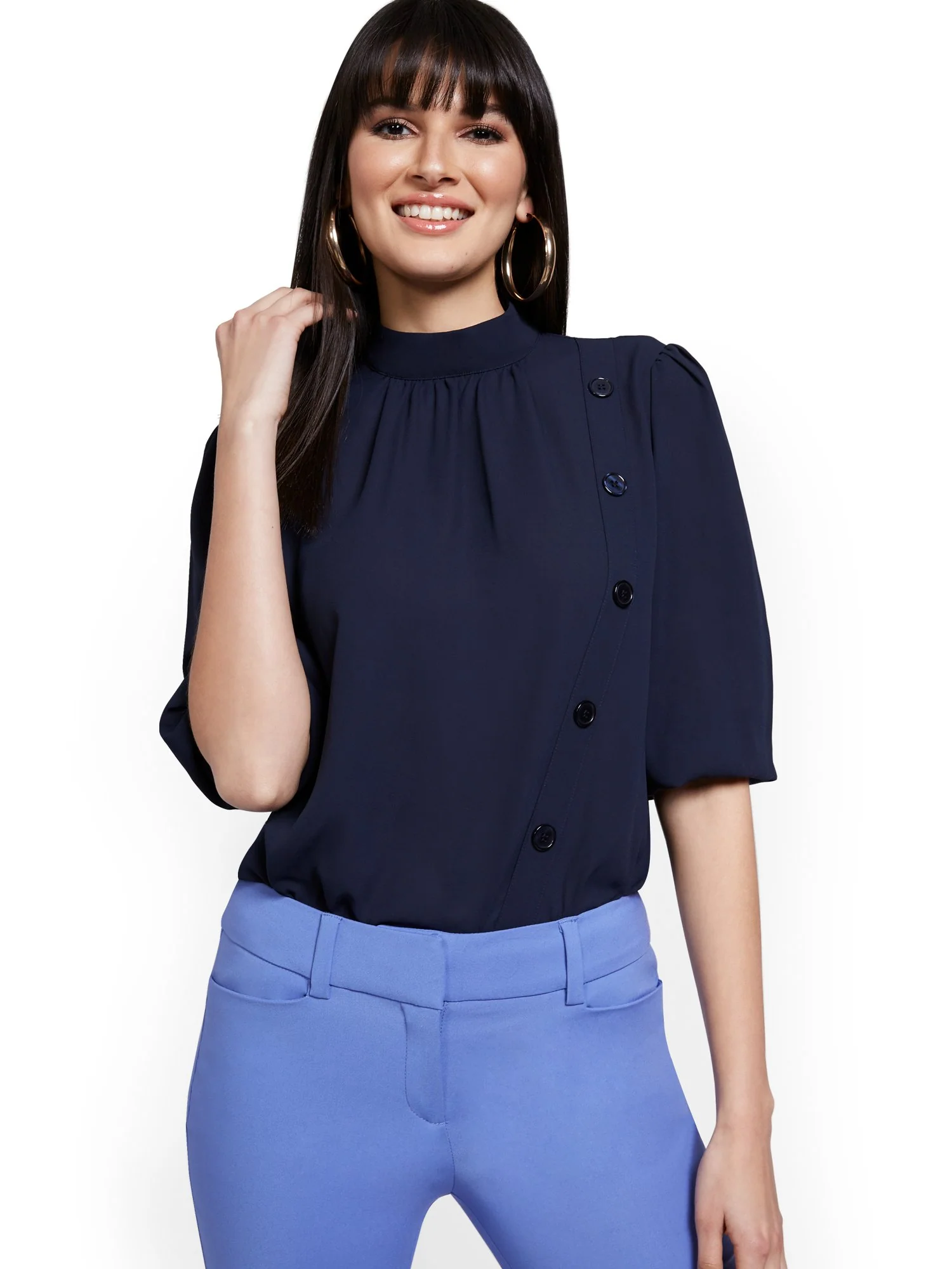 Button-Front 3/4-Sleeve Blouse - 7th Avenue - Image 22