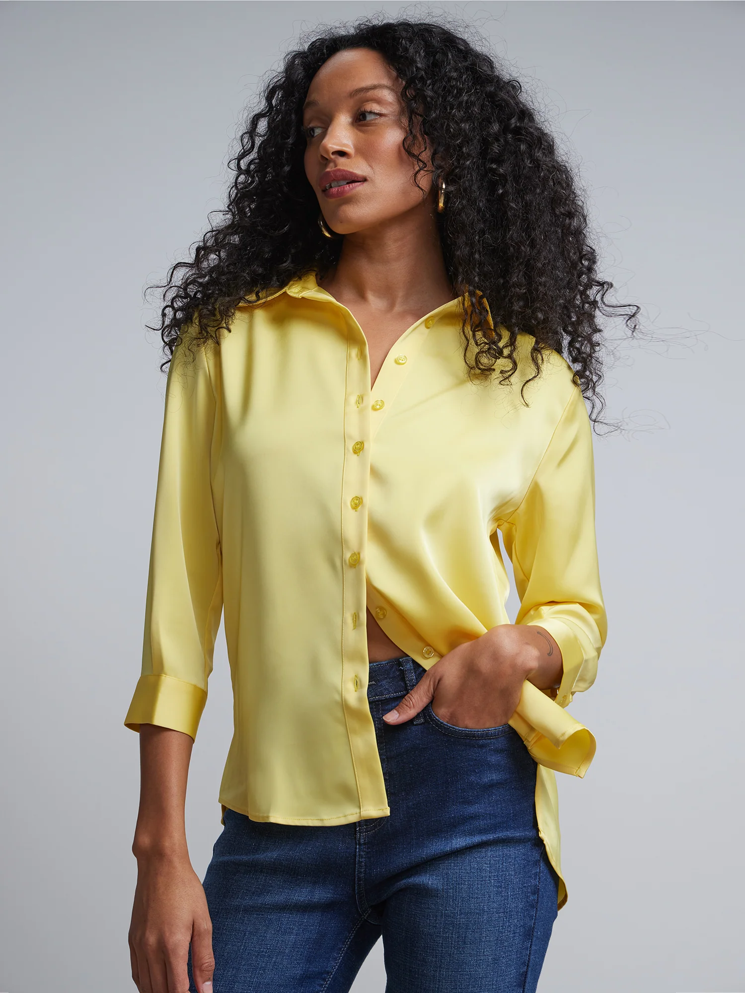 Button-Front Satin-Effect Blouse