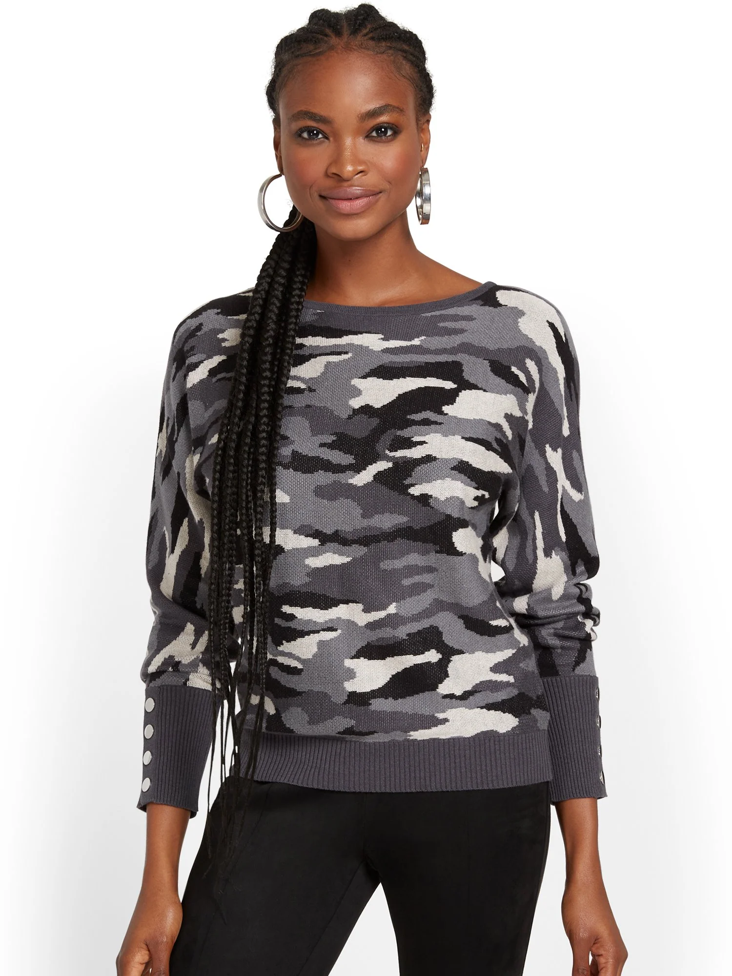 Button-Sleeve Dolman Sweater - Camo-Print - Image 6