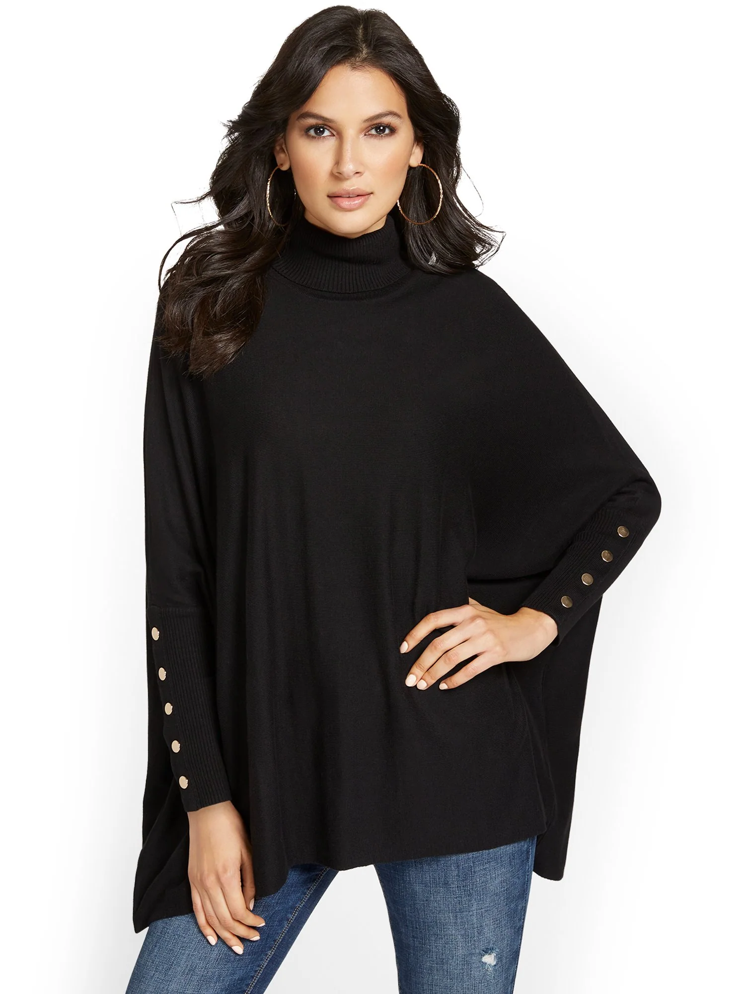 Button-Sleeve Turtleneck Poncho - Image 2