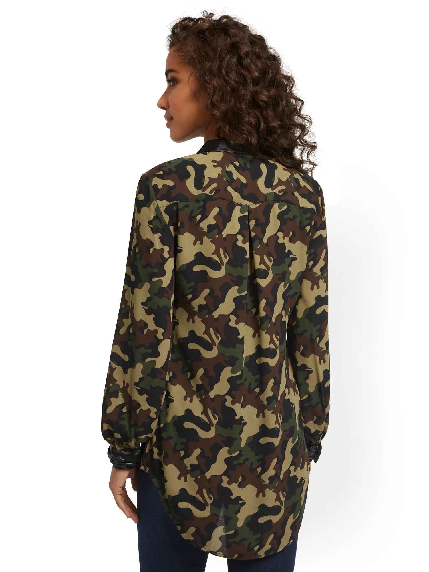 Camo-Print Faux-Leather Trim Tunic Top - Image 3