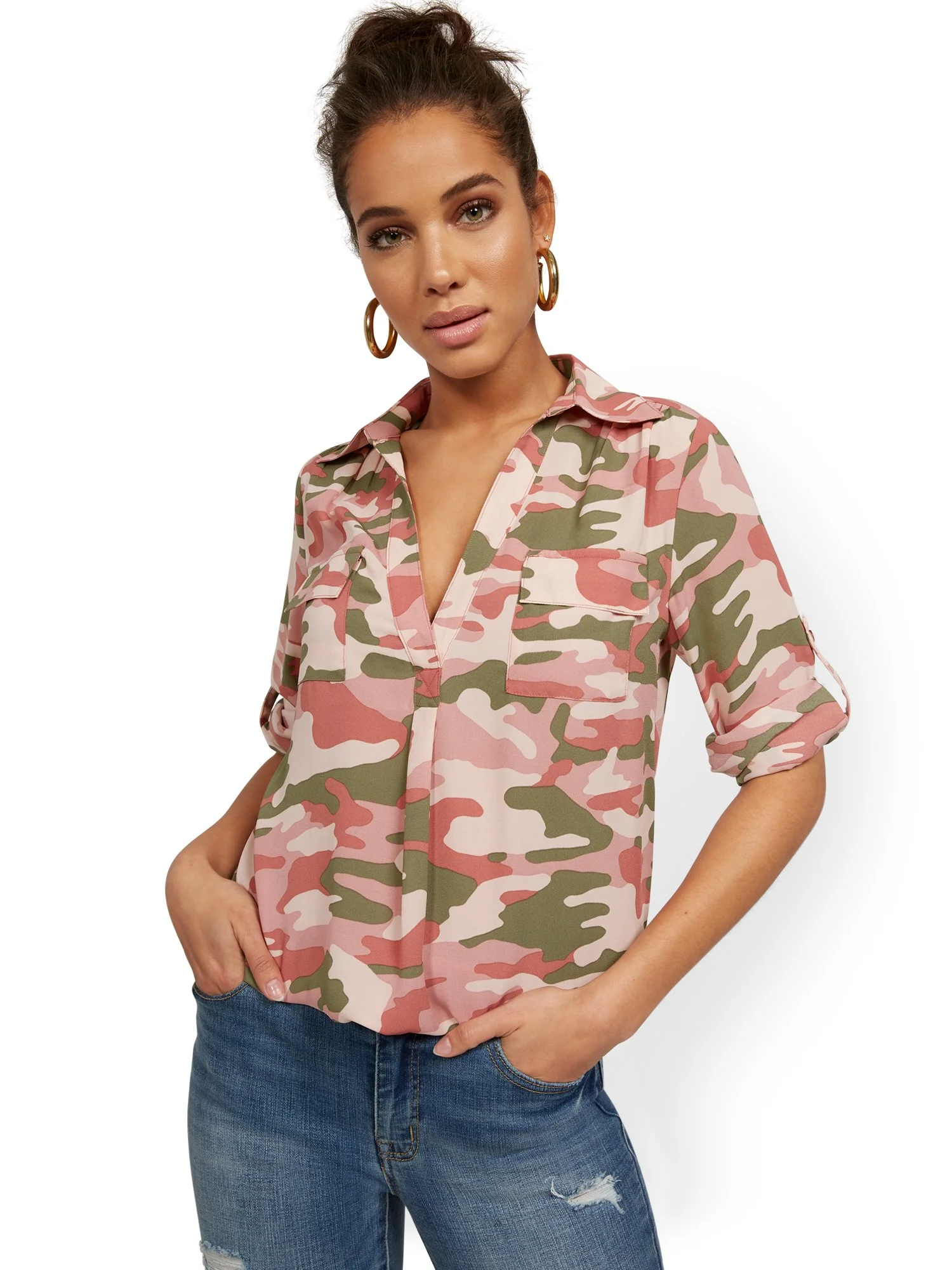 Camo-Print Split-Neck Top - Image 6