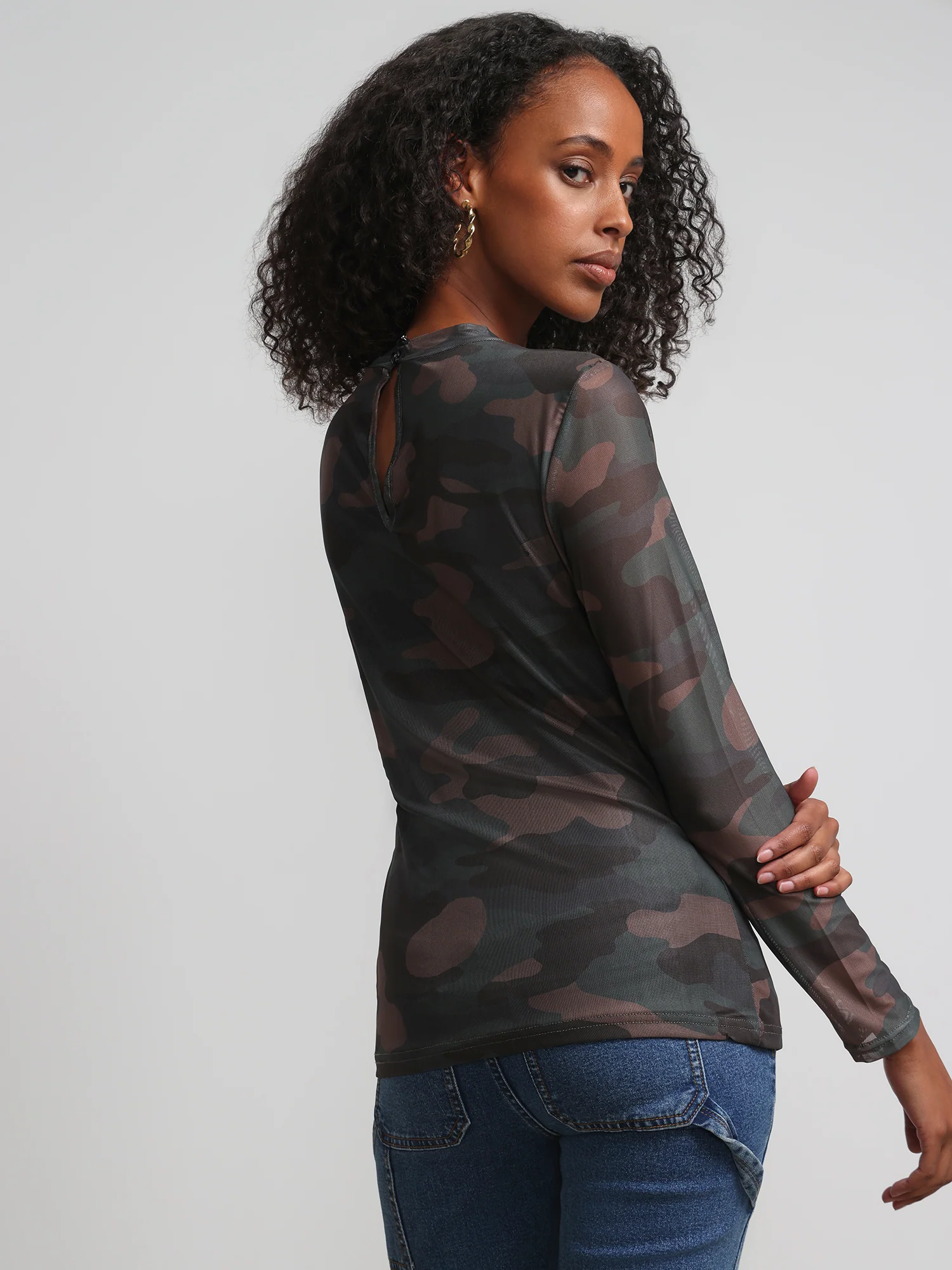 Camouflage Cut-Out Mock-Neck Top - Image 3
