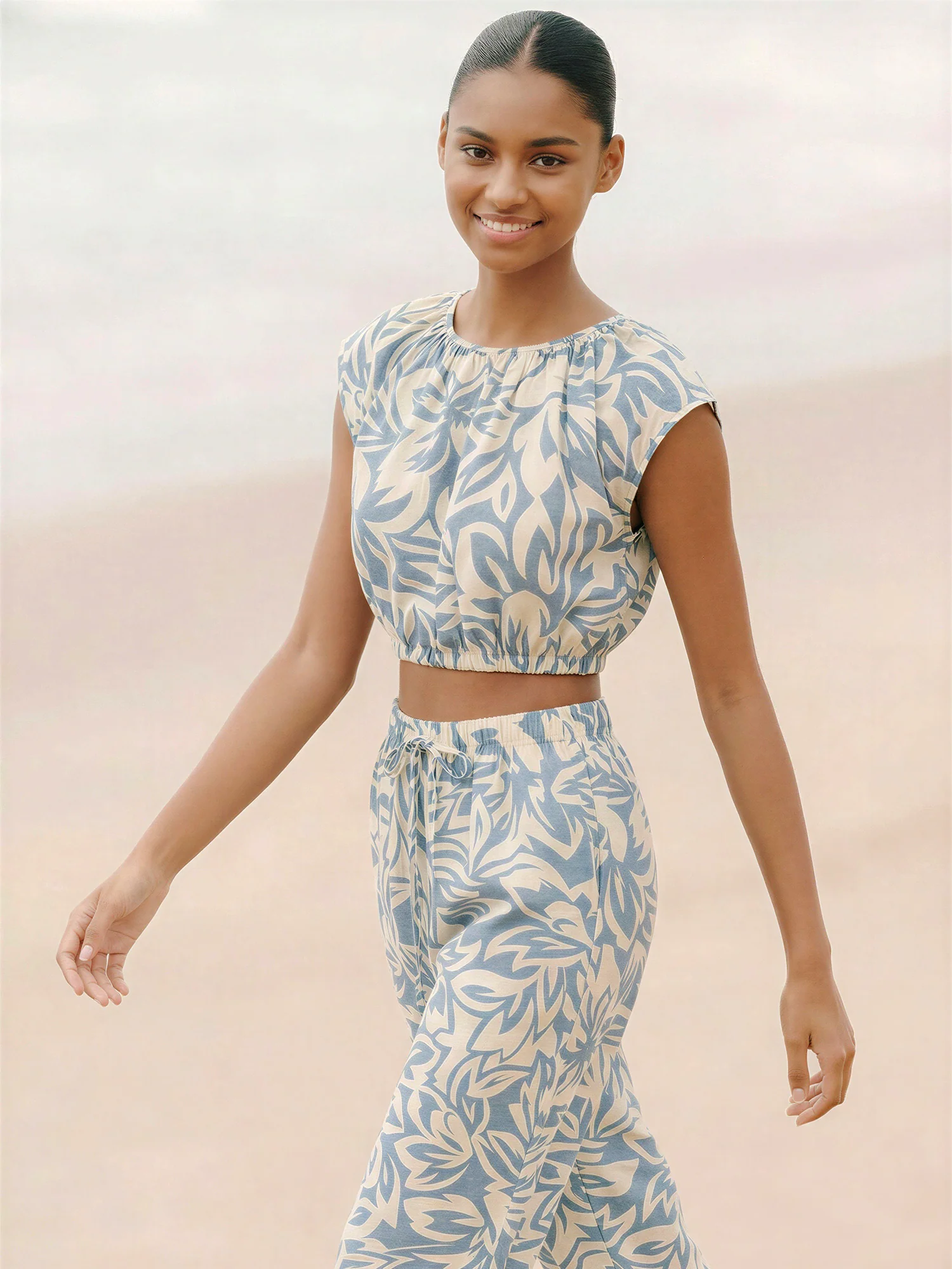 Cap Sleeve Abstract Floral Elastic Hem - Image 8