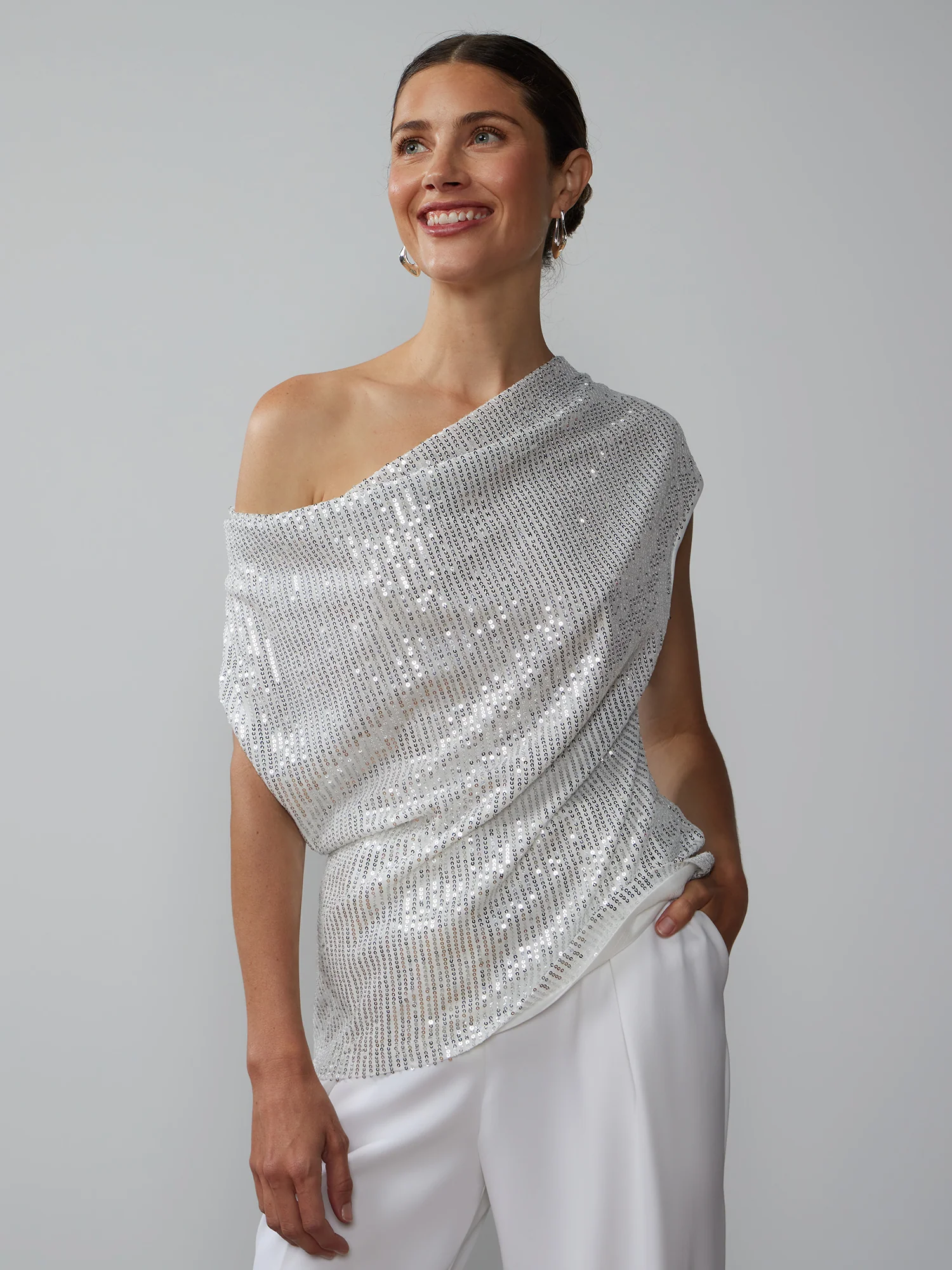 Cap Sleeve Cowl Neck Sequin Top