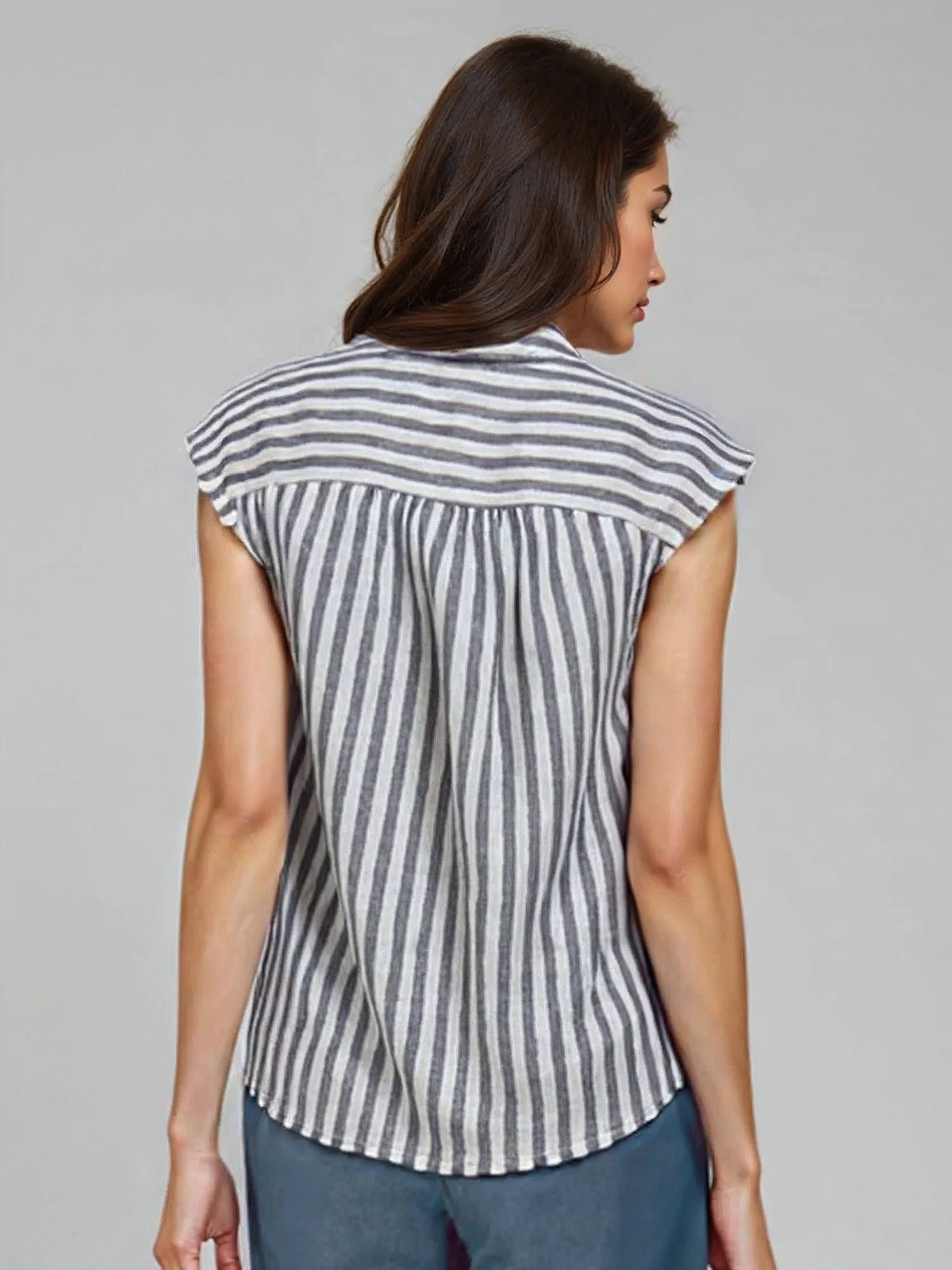 Cap Sleeve Stripe Button Down Lightweight Shirt - Image 3