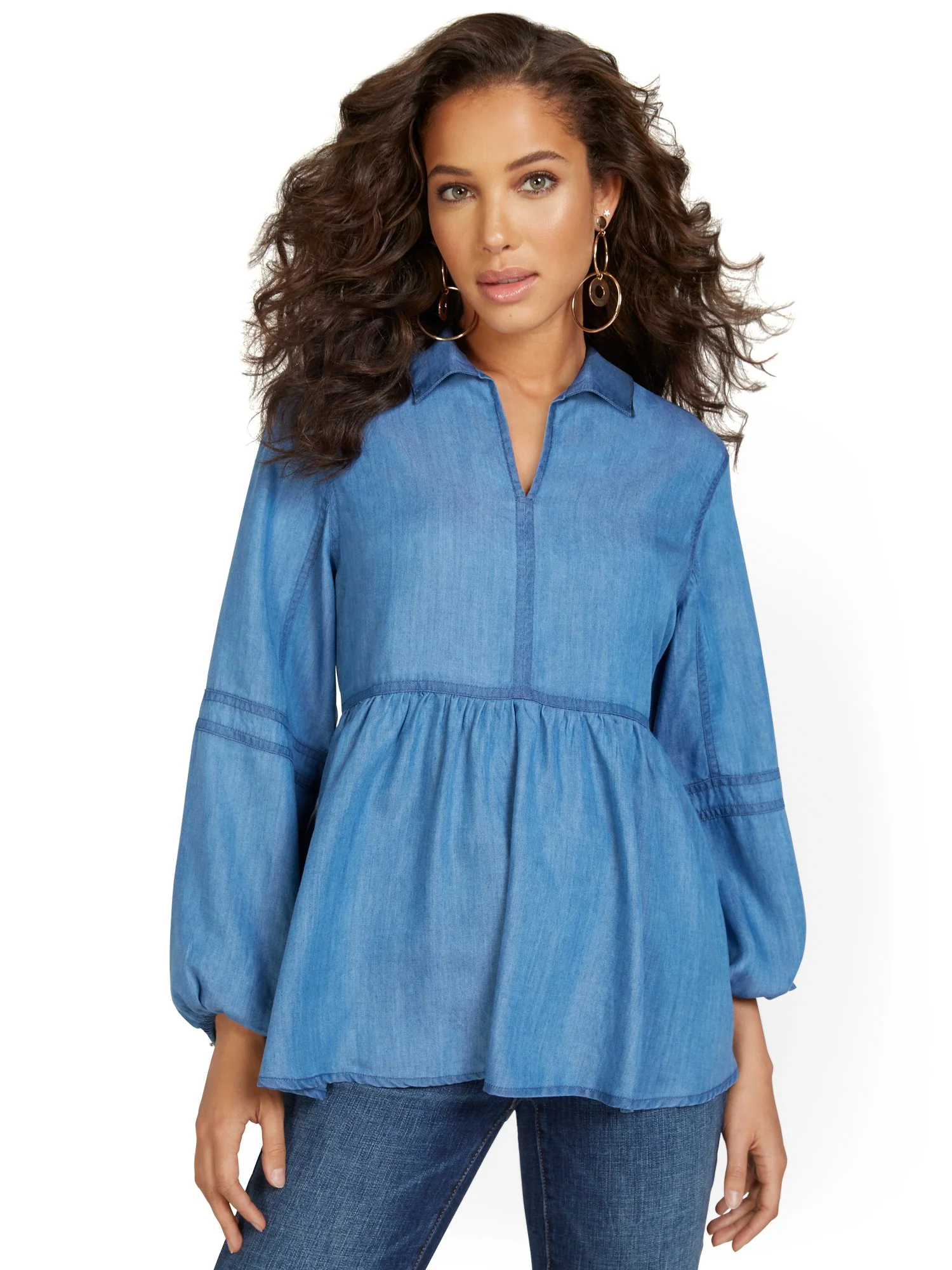 Chambray Balloon-Sleeve Peplum Top - Image 2