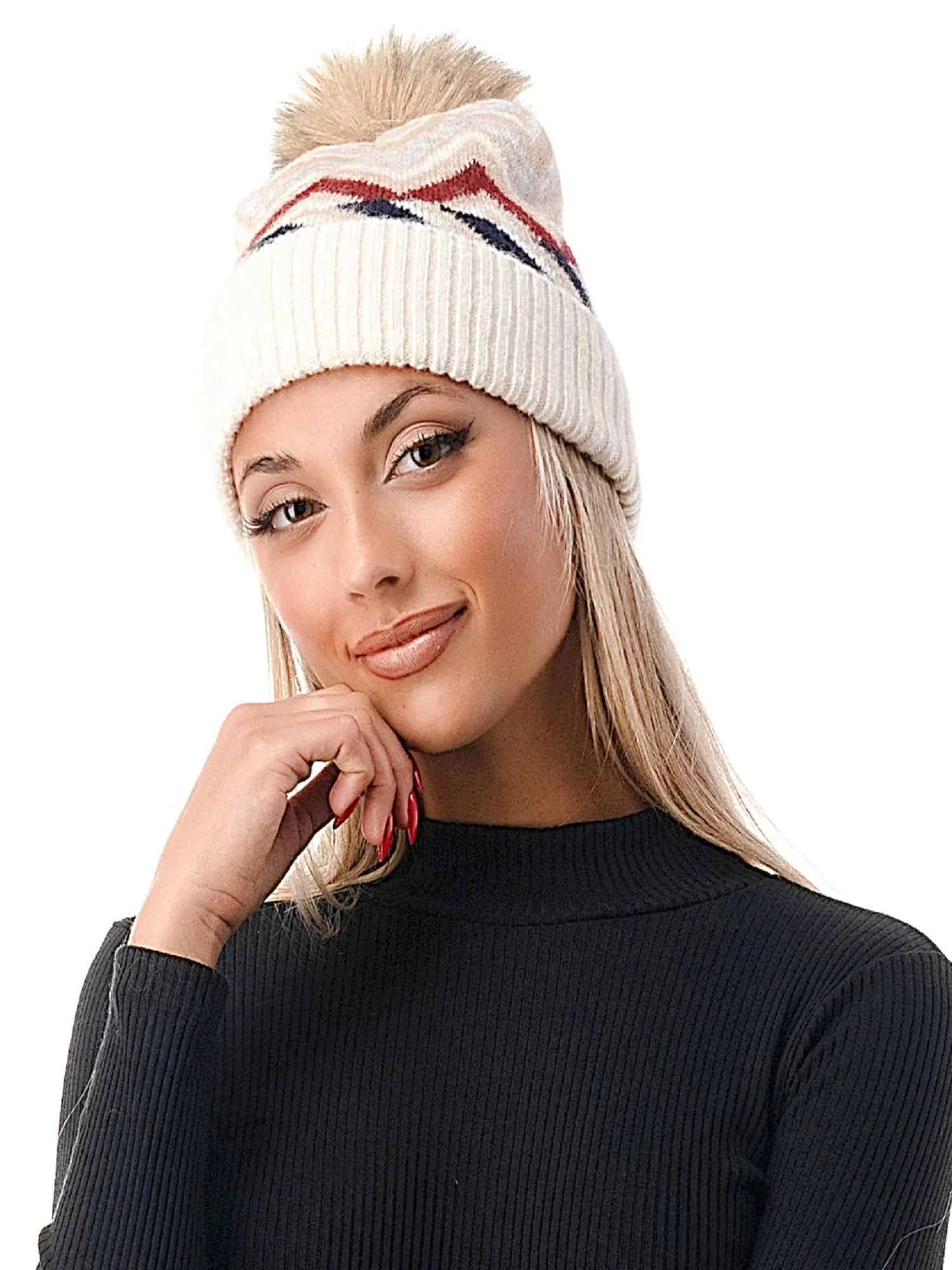 Chevron Faux Fur Pom Beanie - Marcus Adler