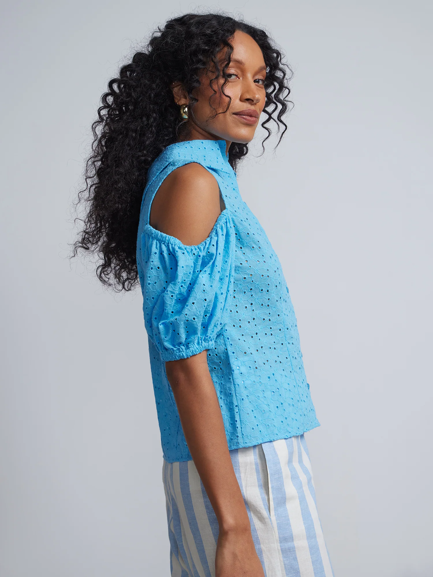 Cold-Shoulder Puff-Sleeve Eyelet Blouse - Image 2