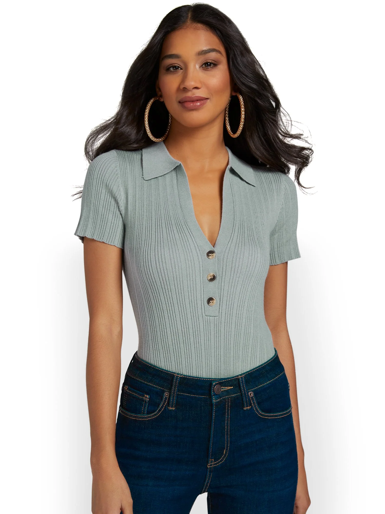 Allie Rose Collared Button-Front Ribbed Top - Brands We Love - Image 2